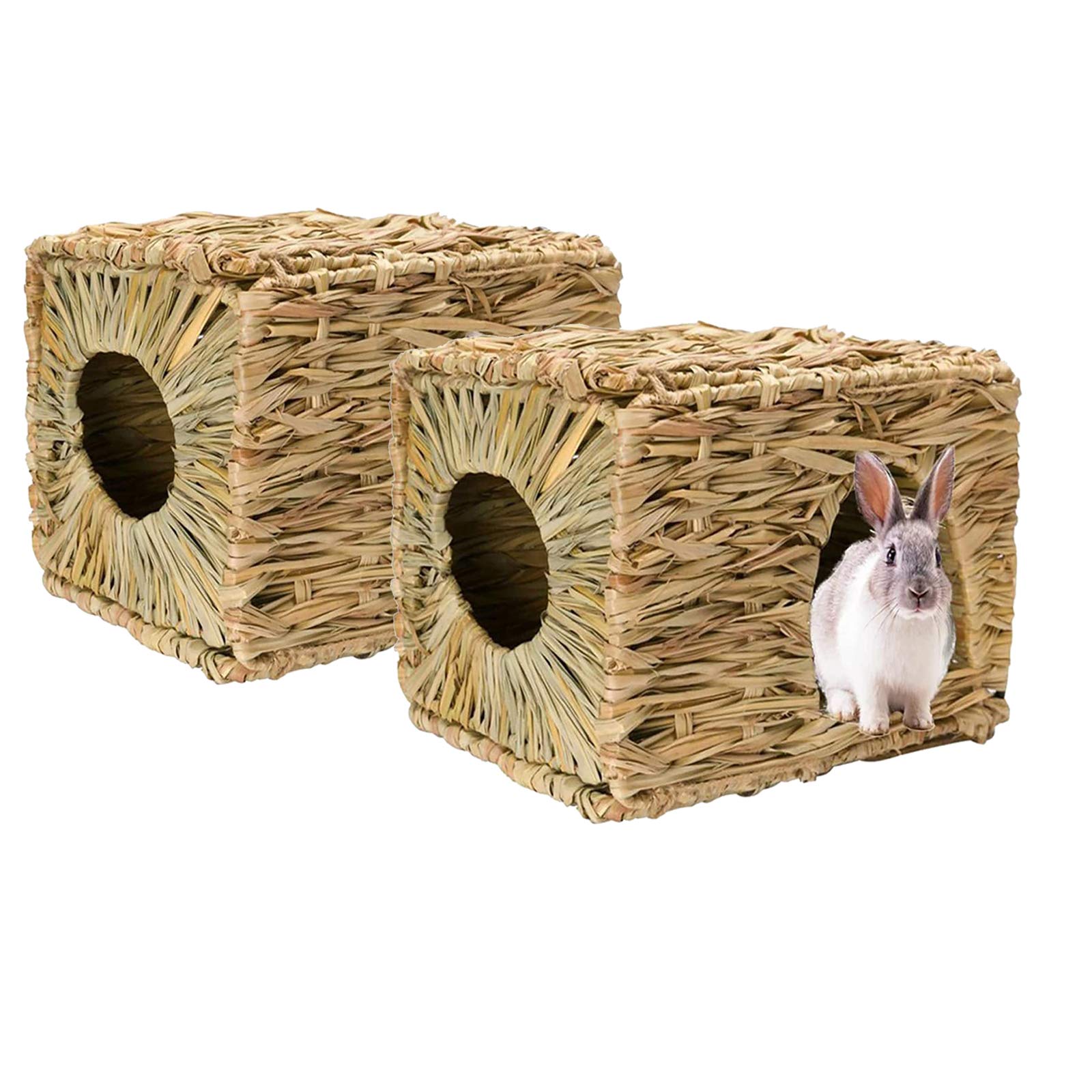 Tfwadmx Rabbit Grass House 2Pcs, Extra Large - Natural Hand Woven Seagrass Play Hay Bed, Hideaway Hut Toy For Bunny Hamster Guin