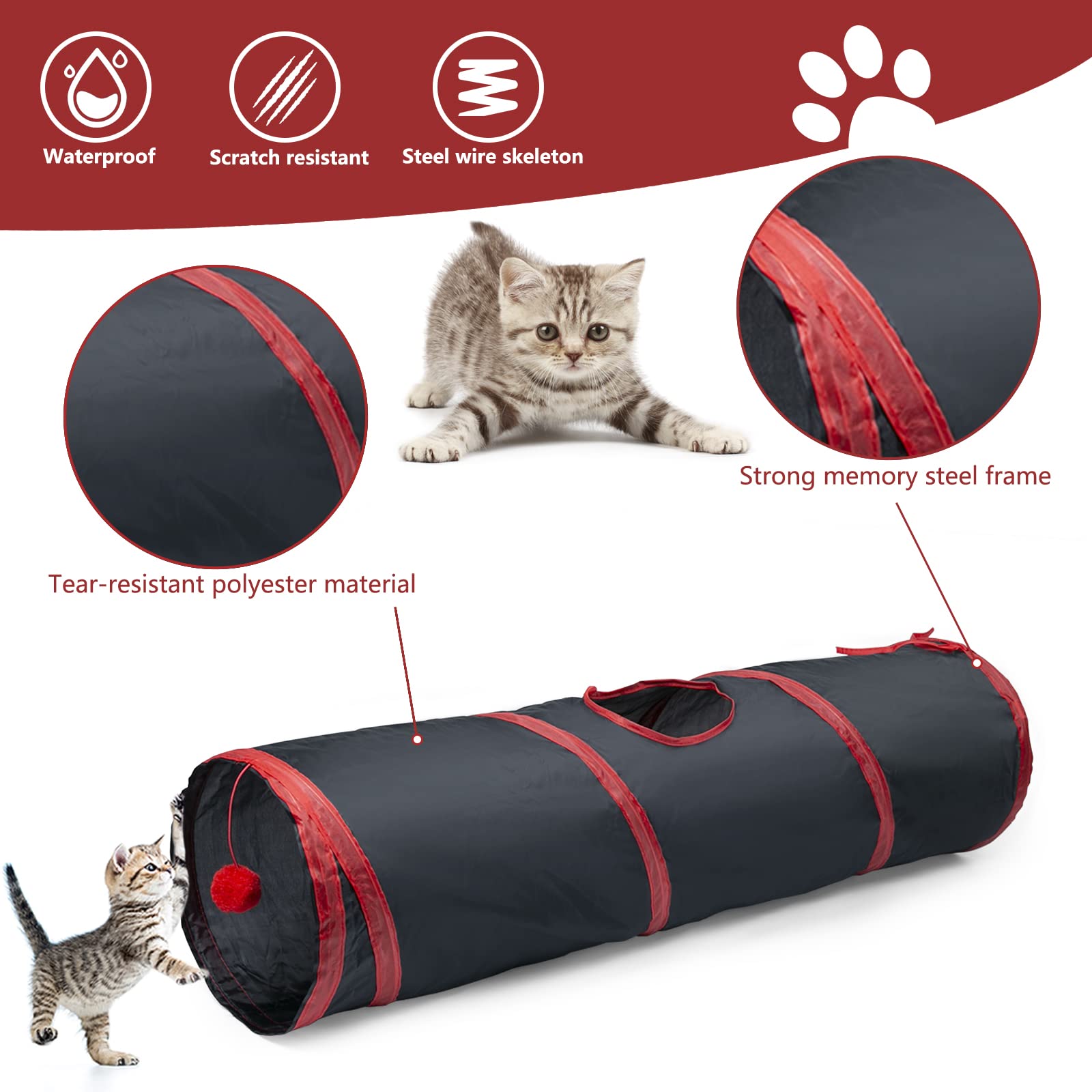 Sheldamy Cat Tunnel, 2-Way Collapsible Play Tunnel, Interactive Toy Maze For Small Animals, Red & Black