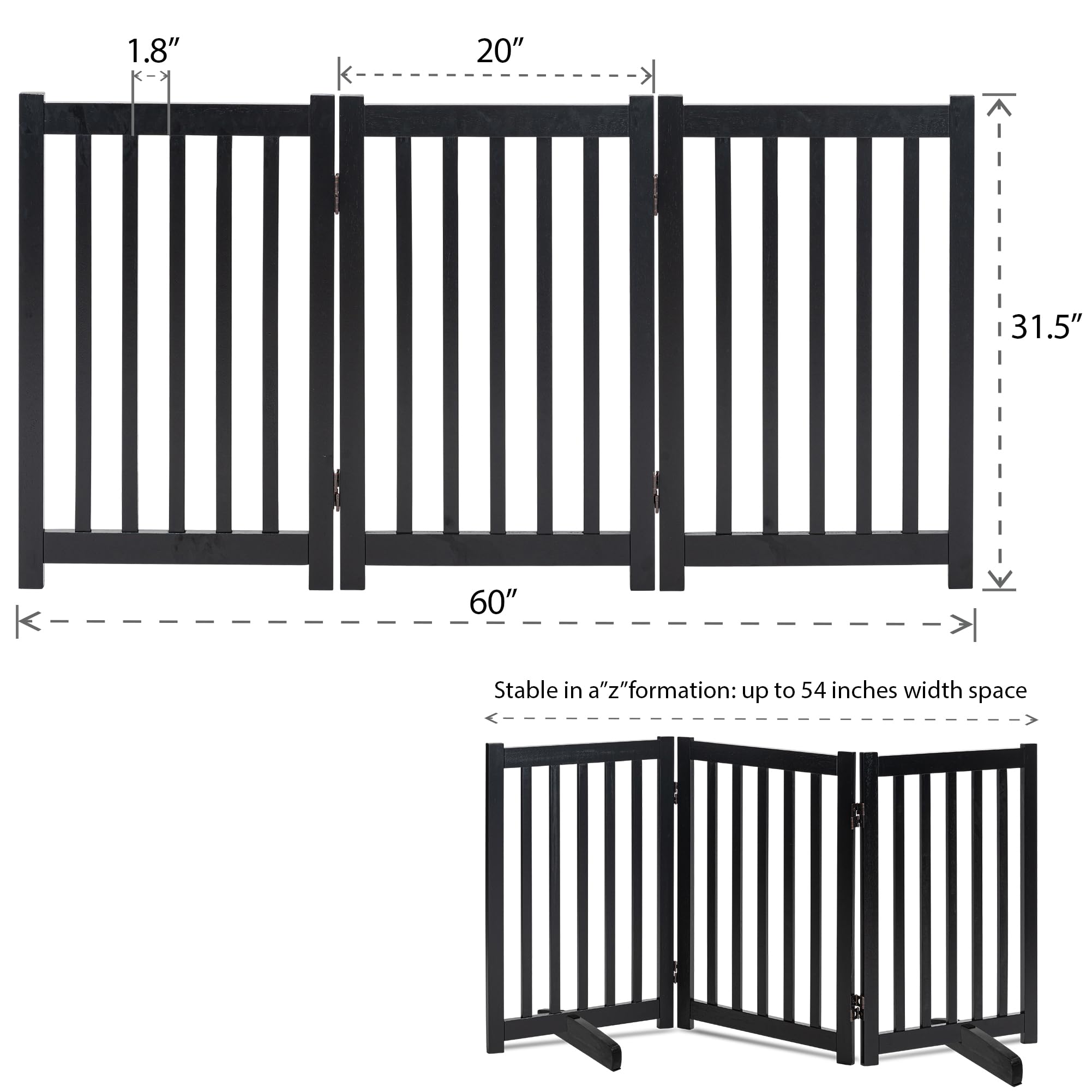 Lzrs Solid Hardwood Freestanding Pet Gate,Wooden Dog Gates For Doorways,Nature Wood Dog Gates For The House,Dog Gate For Stairs,Freestanding Indoor Gate Safety Fence,Black,30' Height-3 Panels