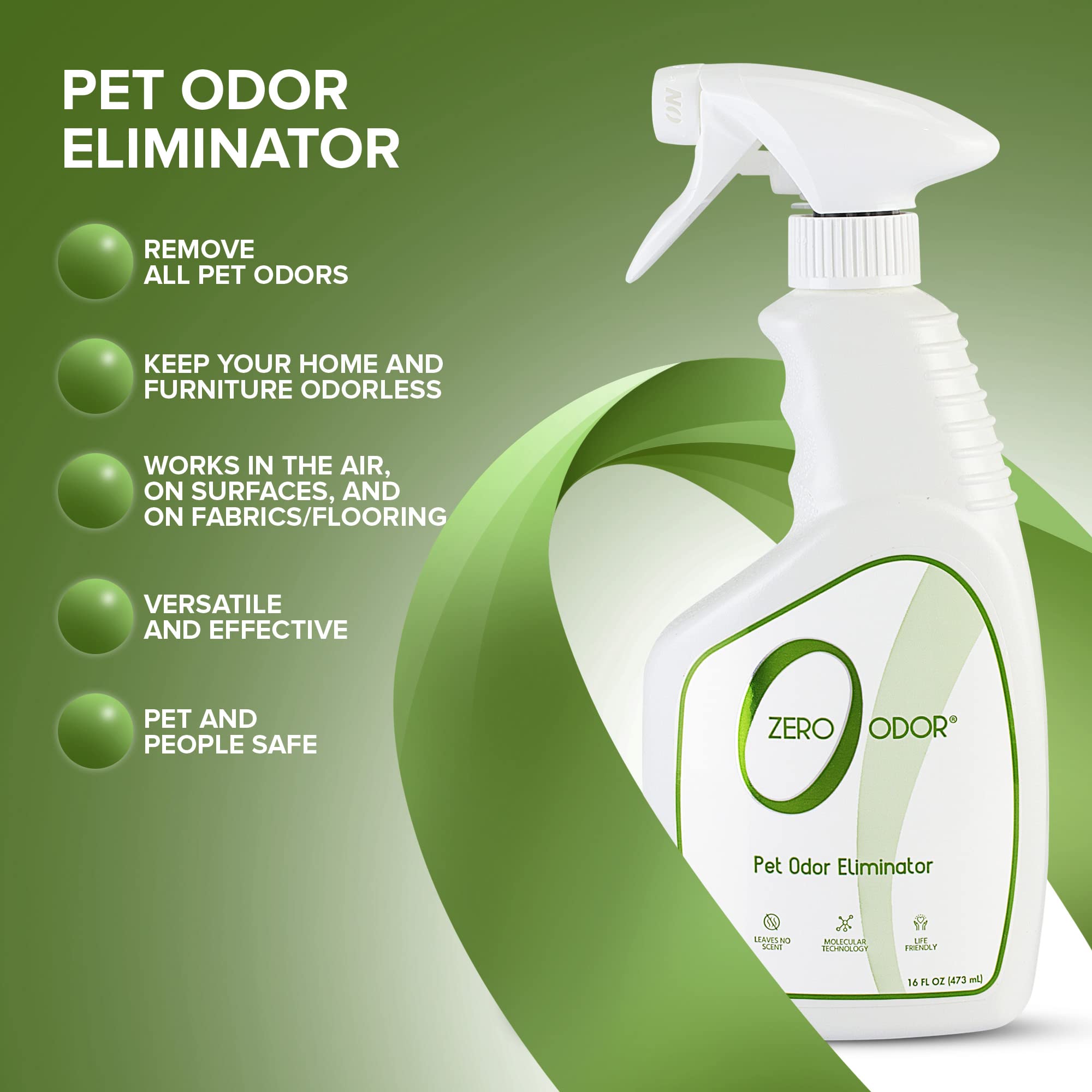 Zero Odor Pet Odor Eliminator - 16 Fl Oz, Eliminates Strong Air & Surface Odors with Patented Technology for Carpet & Furniture