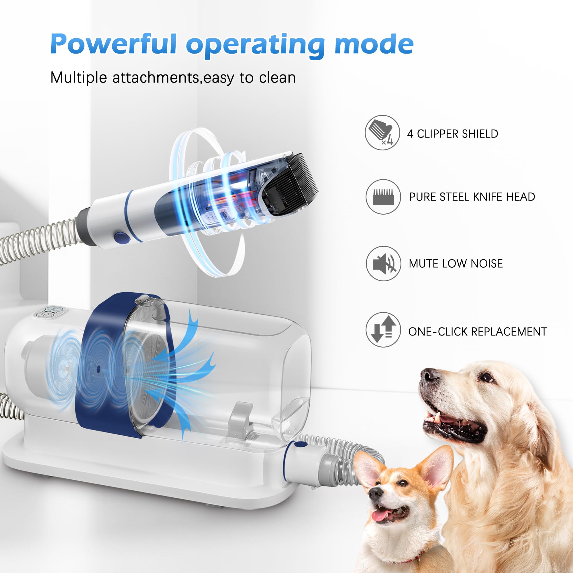 Lmvvc Pet Grooming Kit, Dog Grooming Clippers With 2.3L Vacuum Suction 99% Pet Hair, Pet Grooming Vacuum Low Noise With 5 Pet Grooming Tools And 4 Clipper Guards For Dogs Cats (Blue & White)