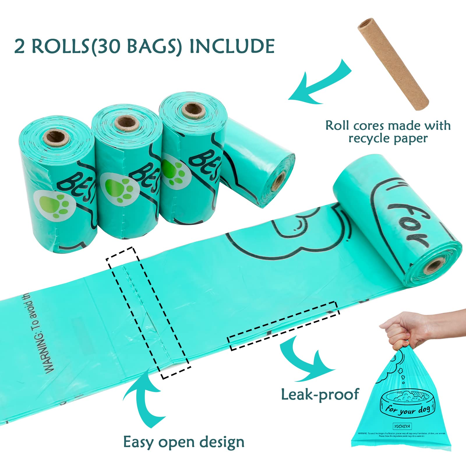 Dog Poop Bags Holder With Led Flashlight|Pet Waste Bags Dispenser For Leash|Doggie Potty Bags Container With Leak-Proof Pet Trash Bags And Accessories (2 Holders 30 Bags, Crystal Blue)