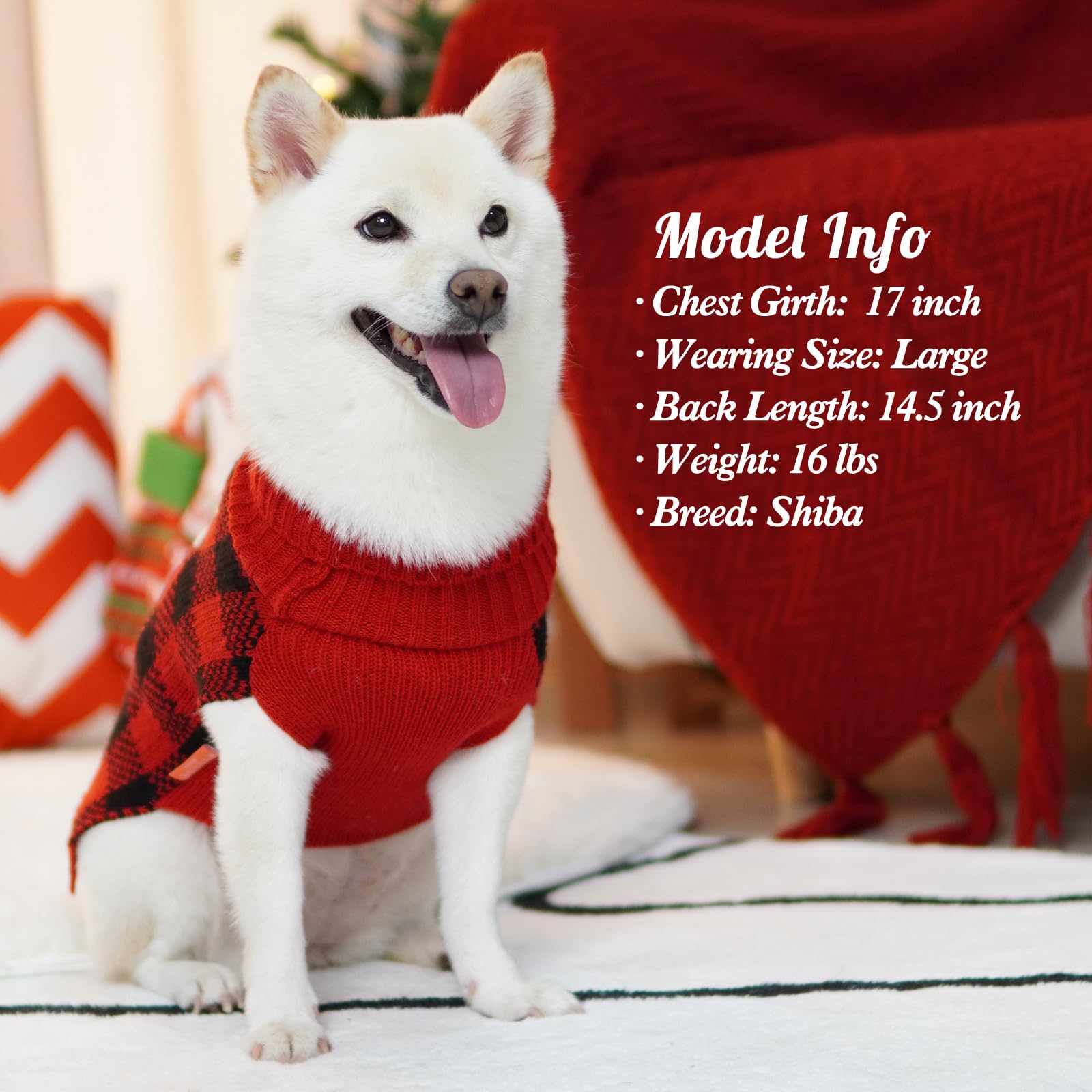 Kyeese Dog Sweater Reindeer With Leash Hole Dog Sweaters Red Buffalo Check Pet Sweater,L