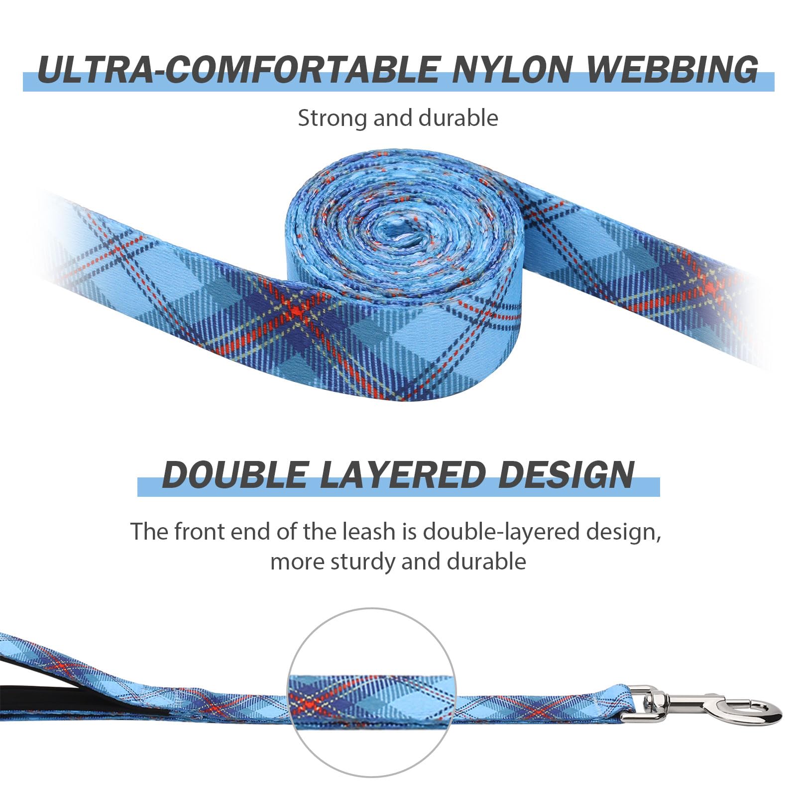 Hikiko 6 Ft Dog Leash, Padded Double Handle Leashes For Medium Large Dogs, Soft Traffic Handles Lead For Walking (Blue Plaid)