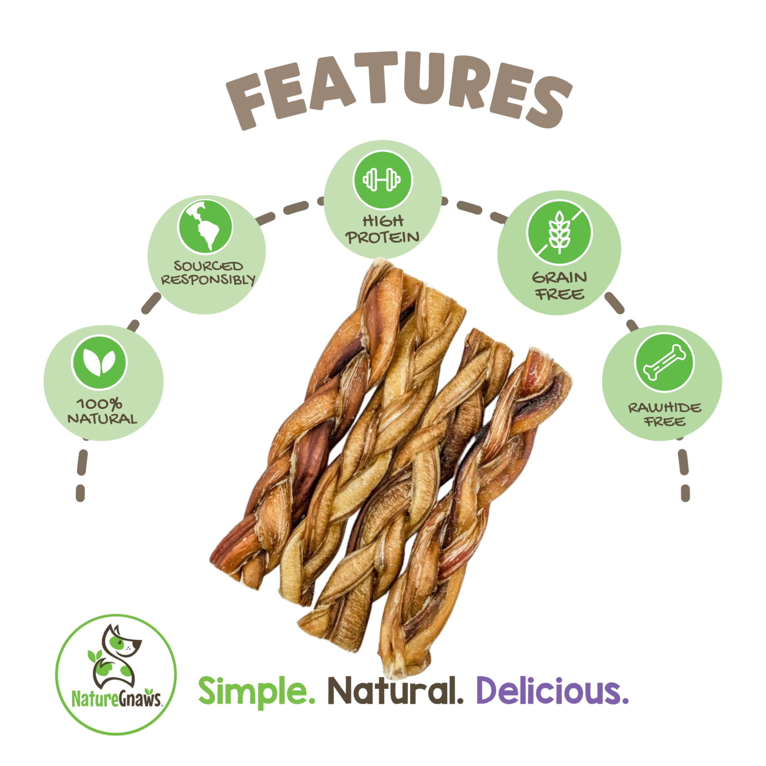 Nature Gnaws Braided Bully Sticks for Dogs 5-6 (3 Count) - Long Lasting for Small and Medium Dogs - Natural Beef Dog Chew Bones