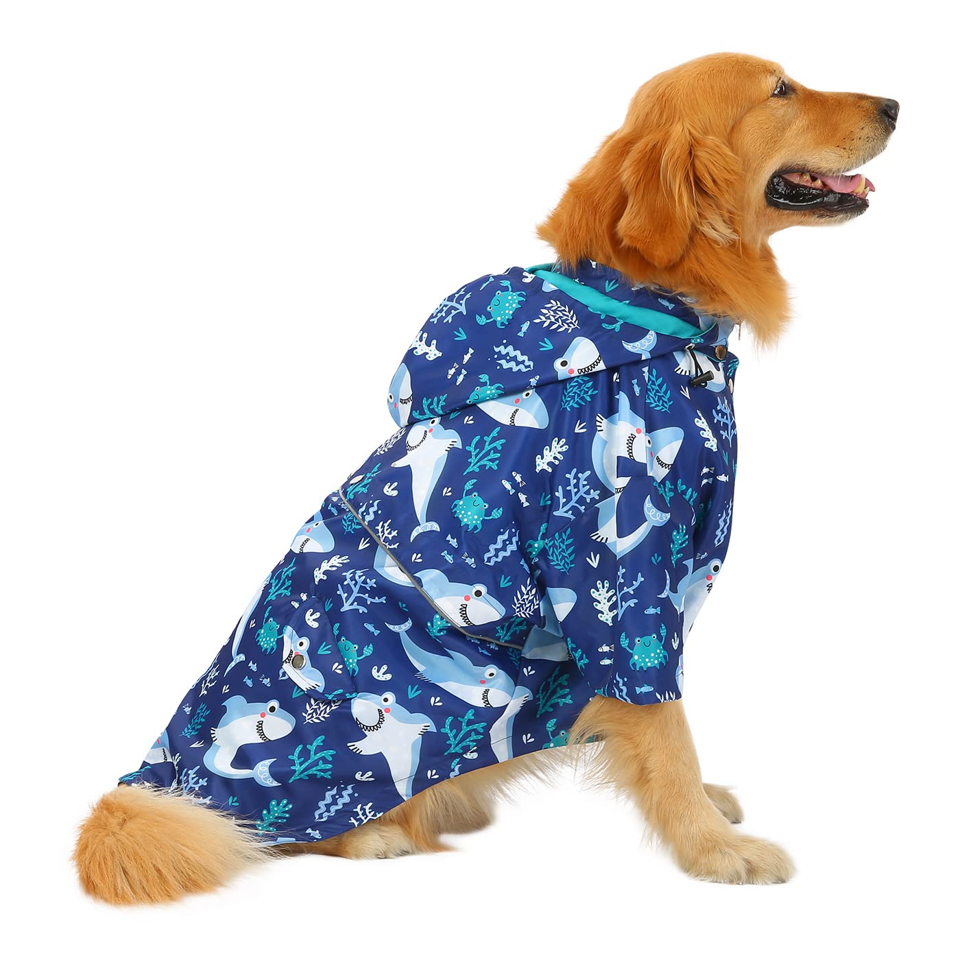 Hde Dog Raincoat Double Layer Zip Rain Jacket With Hood For Small To Large Dogs Sharks - 2Xl