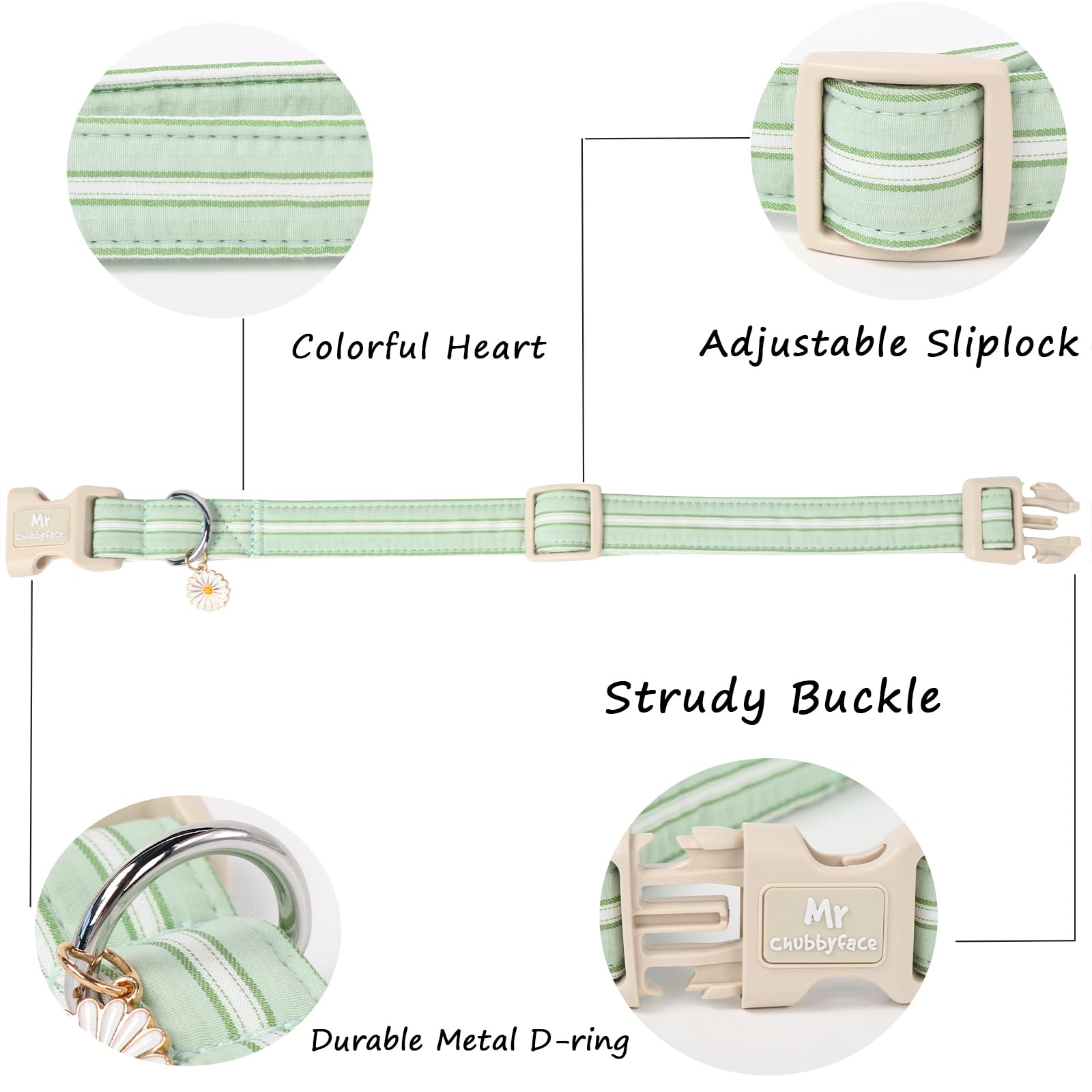Mr.Chubbyface Cotton Dog Collar, Cute Green Summer Puppy Collar With Plastic Buckle, Adjustable Soft Natural Fabric Pet Collar F