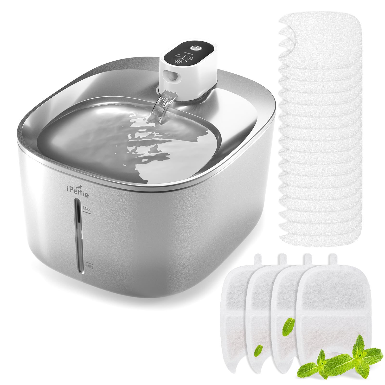 Runway Wireless Pump Cat Water Fountain With 4 Filters - Waterproof Self-Contained Battery, Stainless Steel, 1.1 Gal/135Oz, Moti