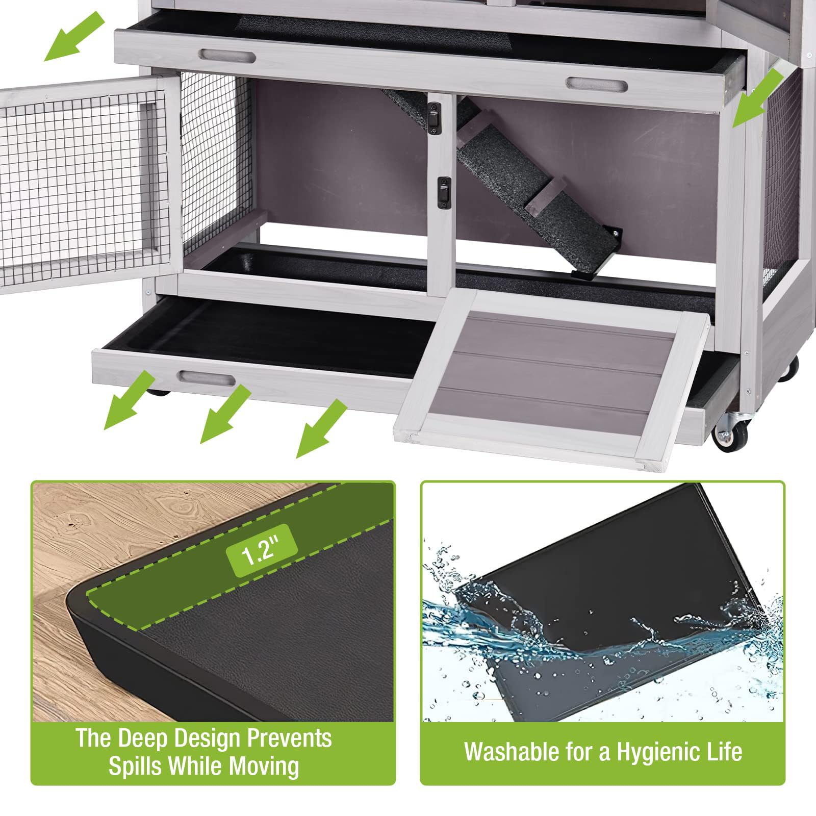 Rabbit Hutch Bunny Cage, Guinea Pig Cage Bunny Hutch Indoor, Wood Pet Cage With 4 Casters -2 Story & 2 Trays