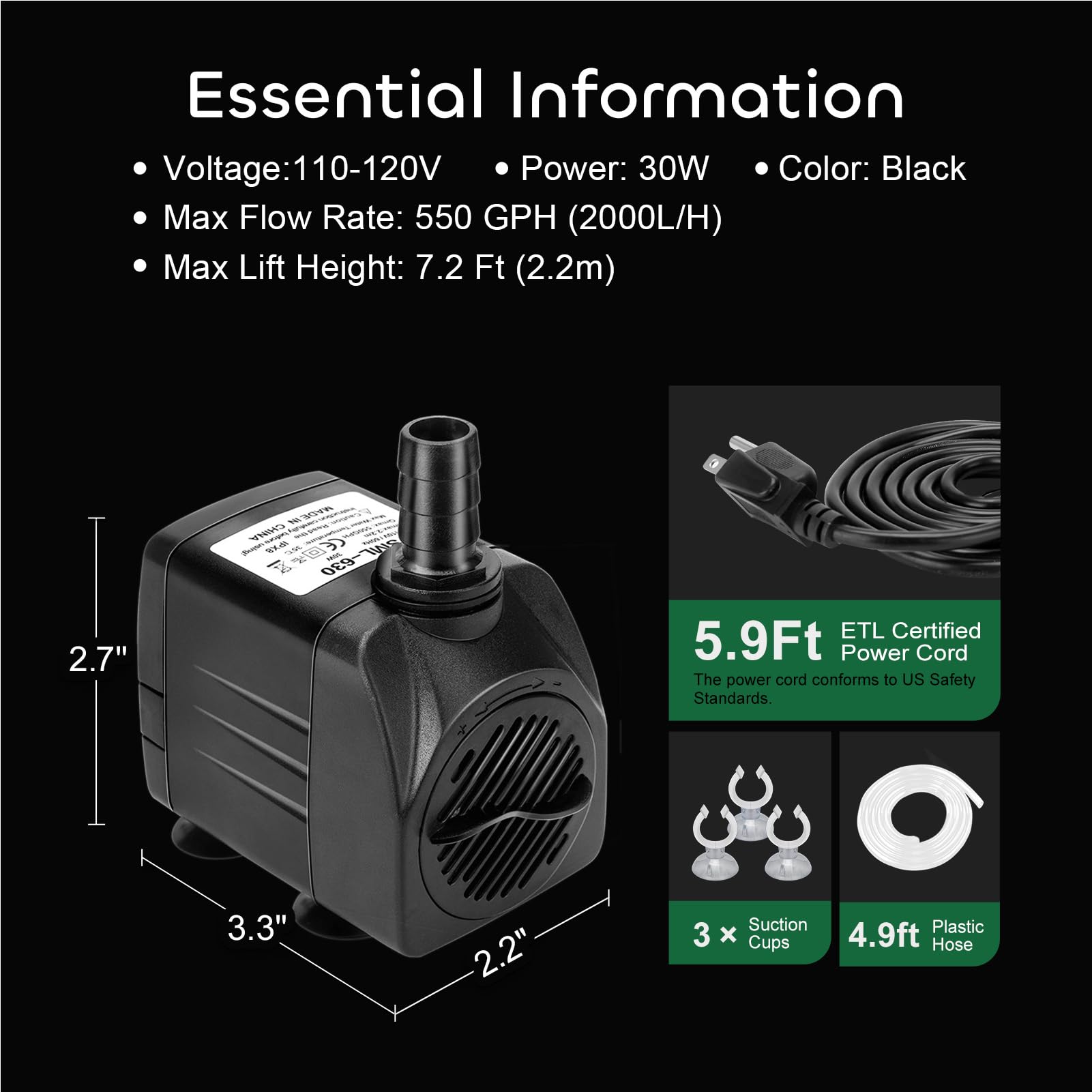 GROWNEER 550GPH Submersible Pump, 30W Ultra Quiet, 7.2ft Lift, 3 Nozzles, for Aquarium, Fish Tank, Pond - Black
