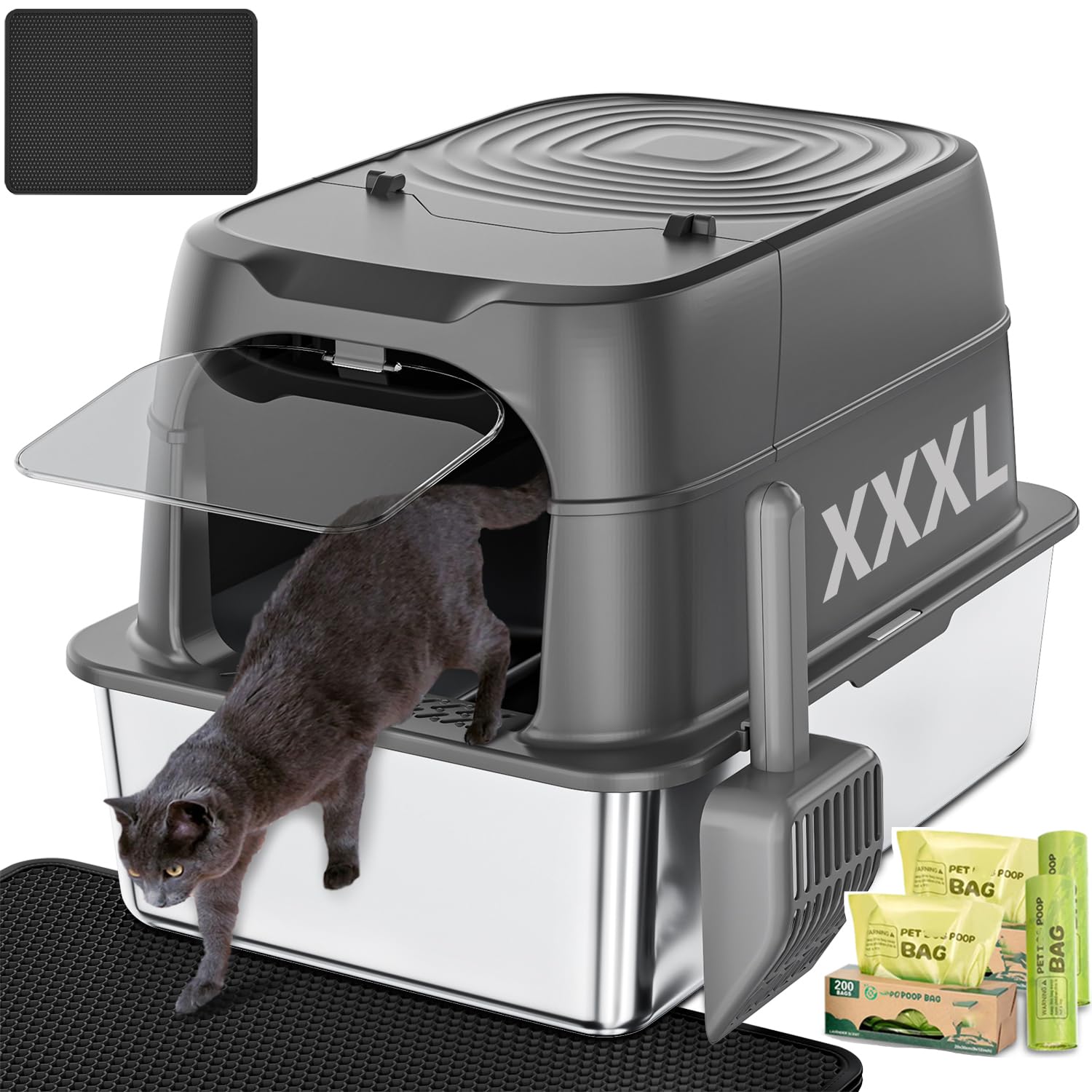 XXXL Jumbo Stainless Steel Litter Box with Lid, 26 L x 18 W x 17 H Extra Large Stainless Steel Litter Box, 400 Count Cat Poop Ba