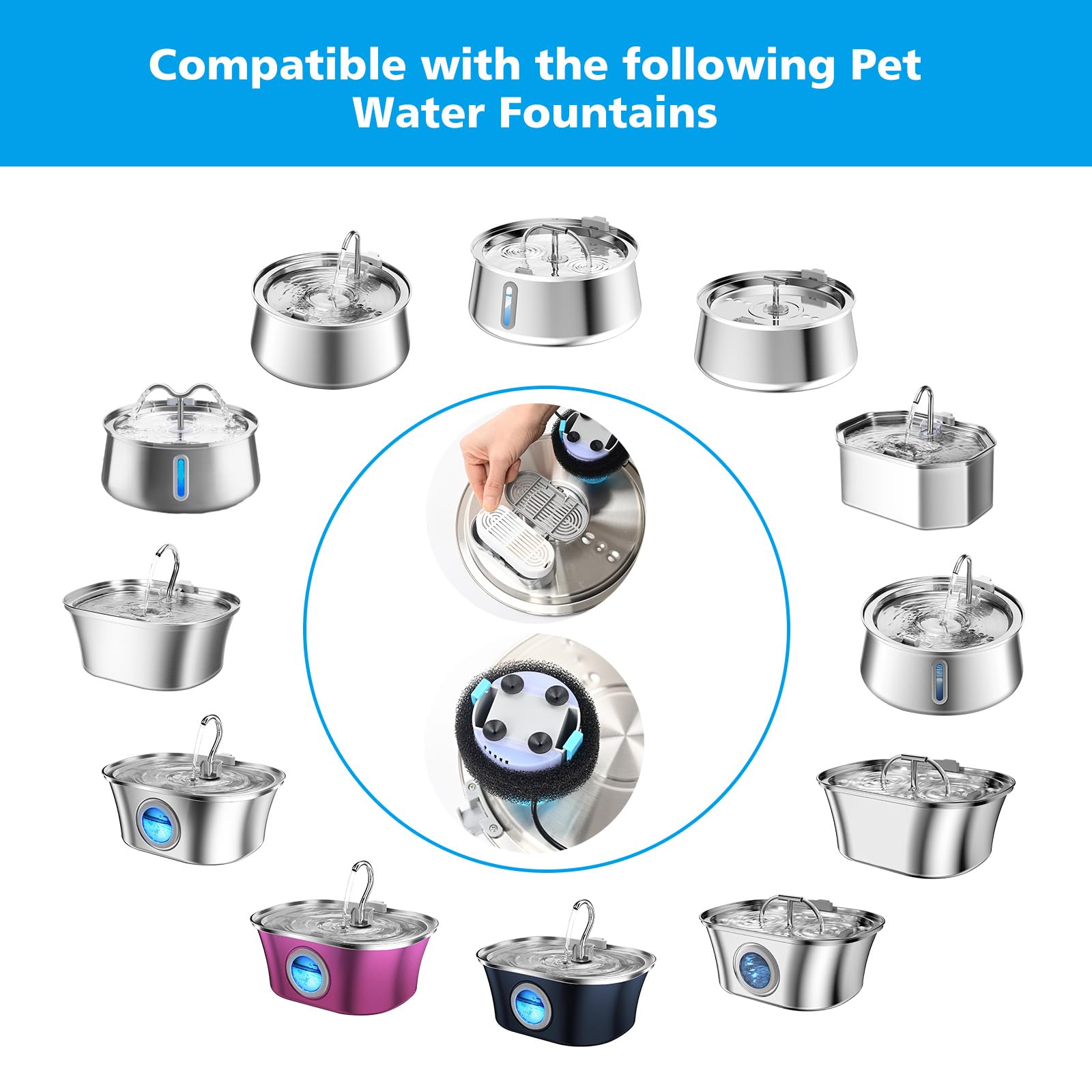 Cat Water Fountain Filter,Pet Fountain Filter Replacement for 3.2L/108oz Cat Drinking Fountain and 4L/134oz Stainless Steel Pet