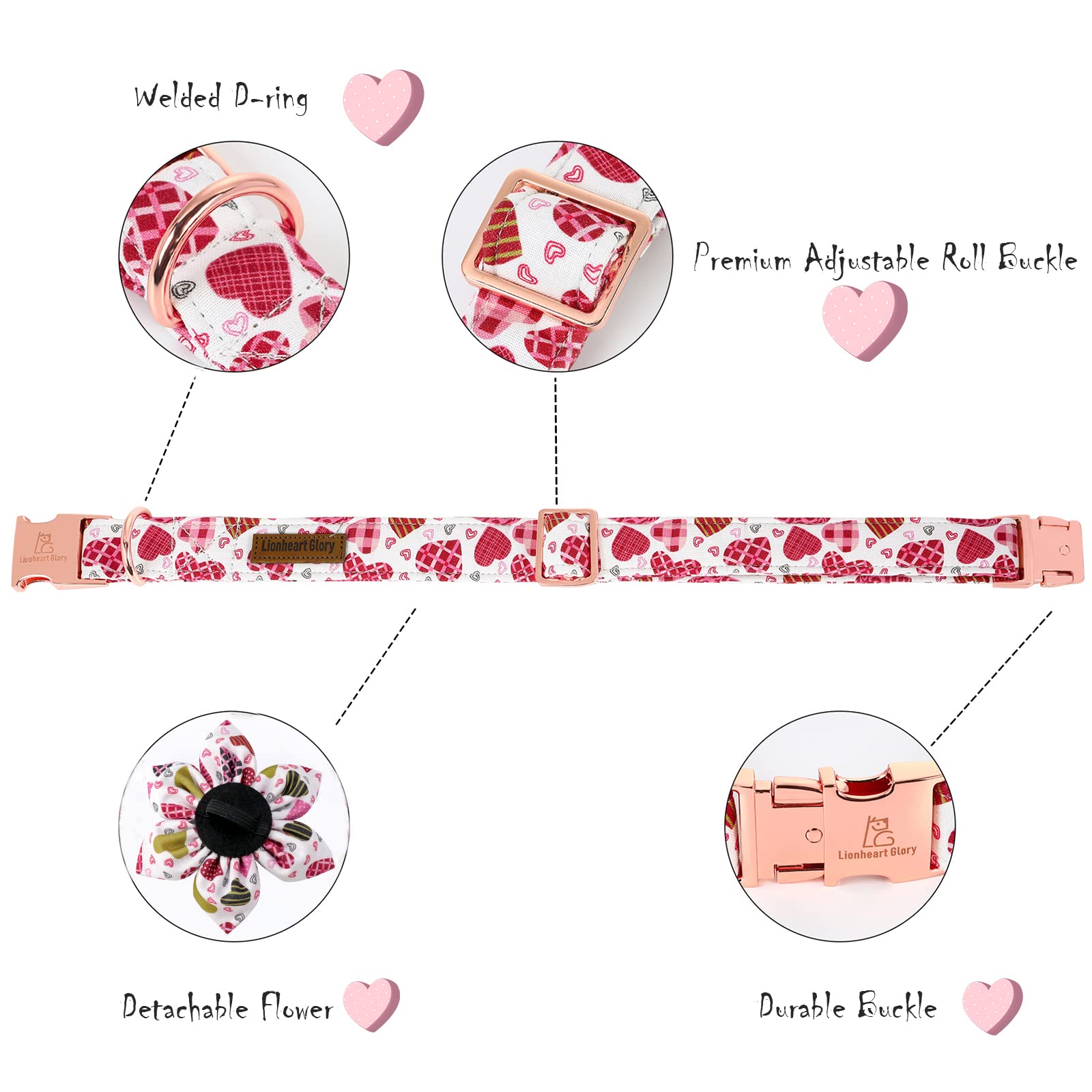 Lionheart Glory Hearts Dog Collar, Valentine'S Day Pet Collars With Flower, Cute Floral Pattern Pet Adjustable Collar For Large