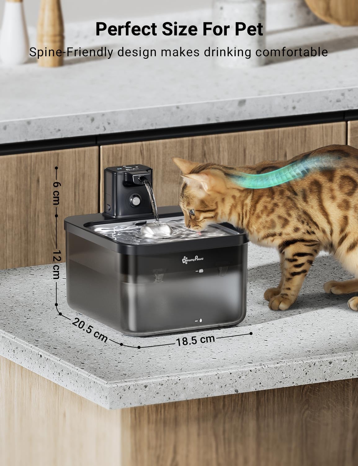 DownyPaws Cat Water Fountain Stainless Steel Cordless, 84oz/2.5L Fursink Wireless Pet Water Fountains for Cats Indoor, Battery O