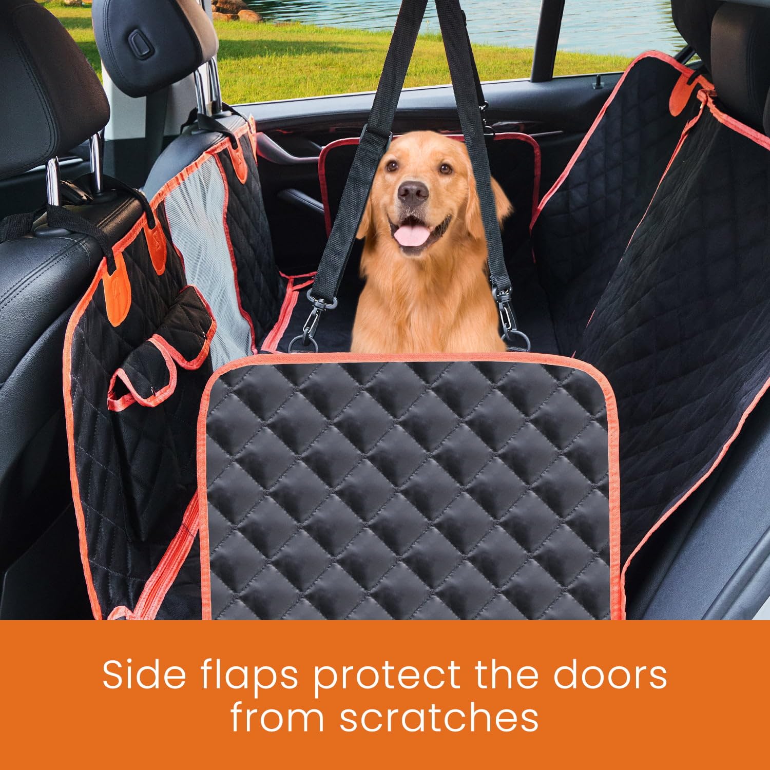 Depota Dog Seat Cover For Back Seat - Waterproof Car Seat Protector, Nonslip, Standard 54'' W X 58'' L (Black/Orange)