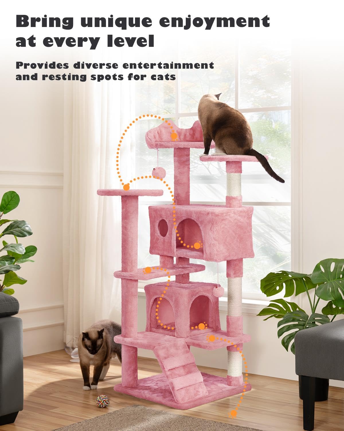 Yaheetech 54In Cat Tree Tower, Multi-Level Cat Tree For Indoor Cats With Scratching Posts, Dangling Balls Cat Play House, Pink