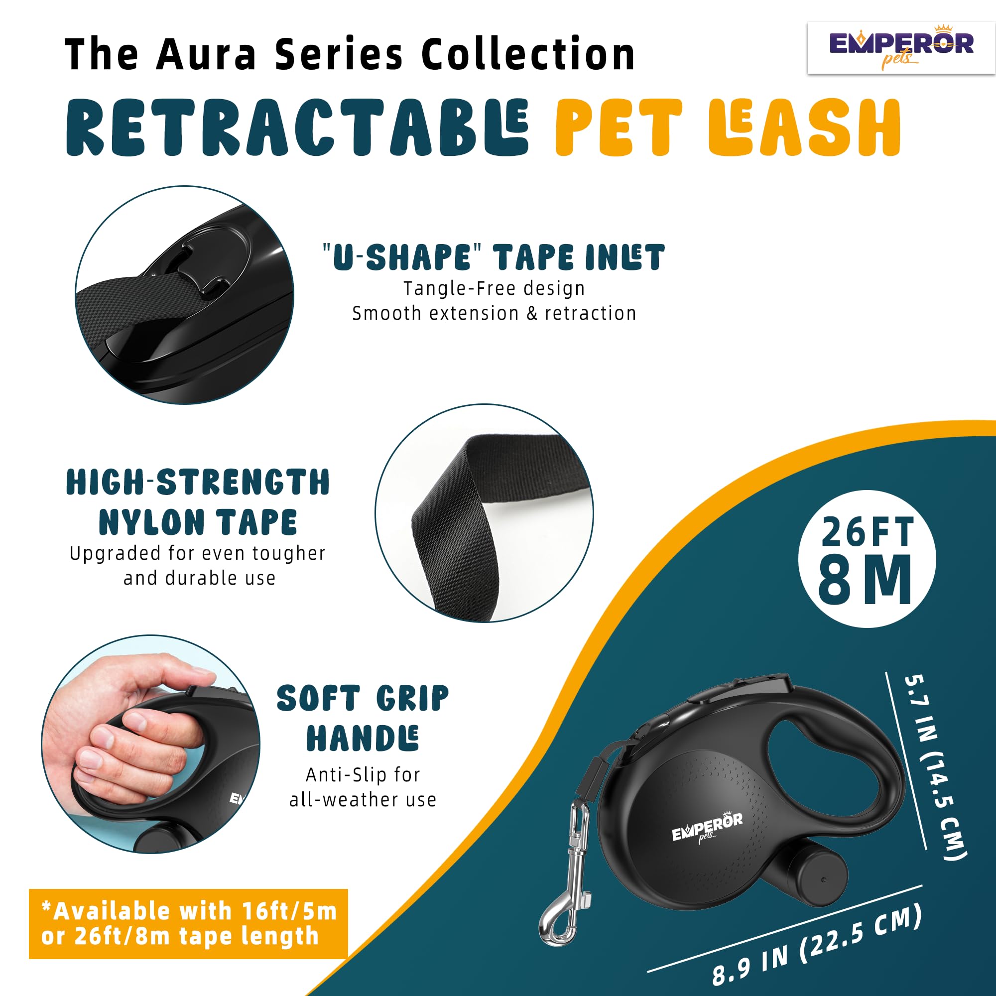 Emperor Pets 26 Ft Retractable Dog Leash Black - Heavy Duty Retractable Pet Leash With Anti-Slip Grip - Reflective Dog Leash Tap