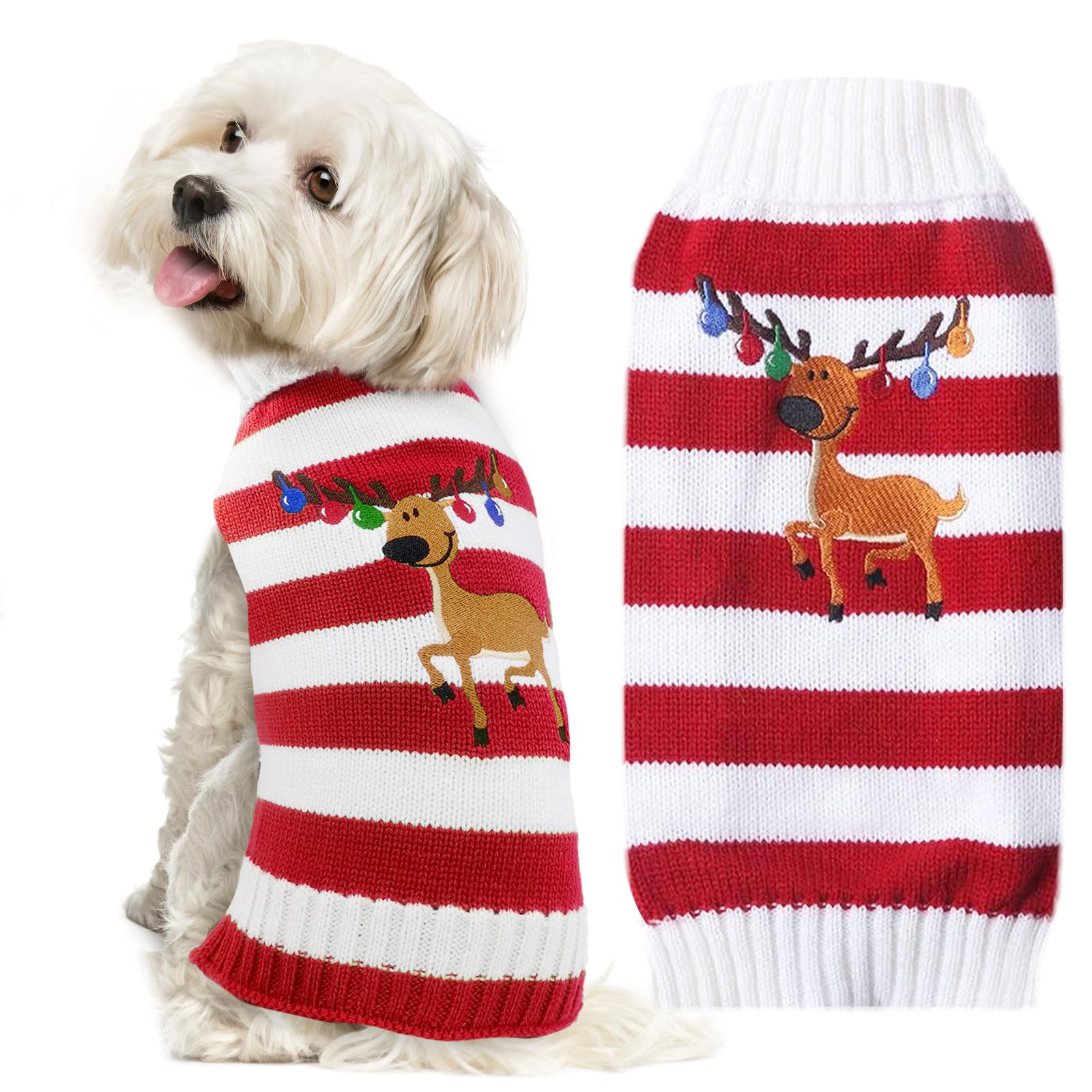 Doggyzstyle Christmas Dog Sweaters Xmas Pet Outfits Striped Elk Costume Holiday Clothes Gifts Puppy Cat Knitted Jumpers (M,Red W