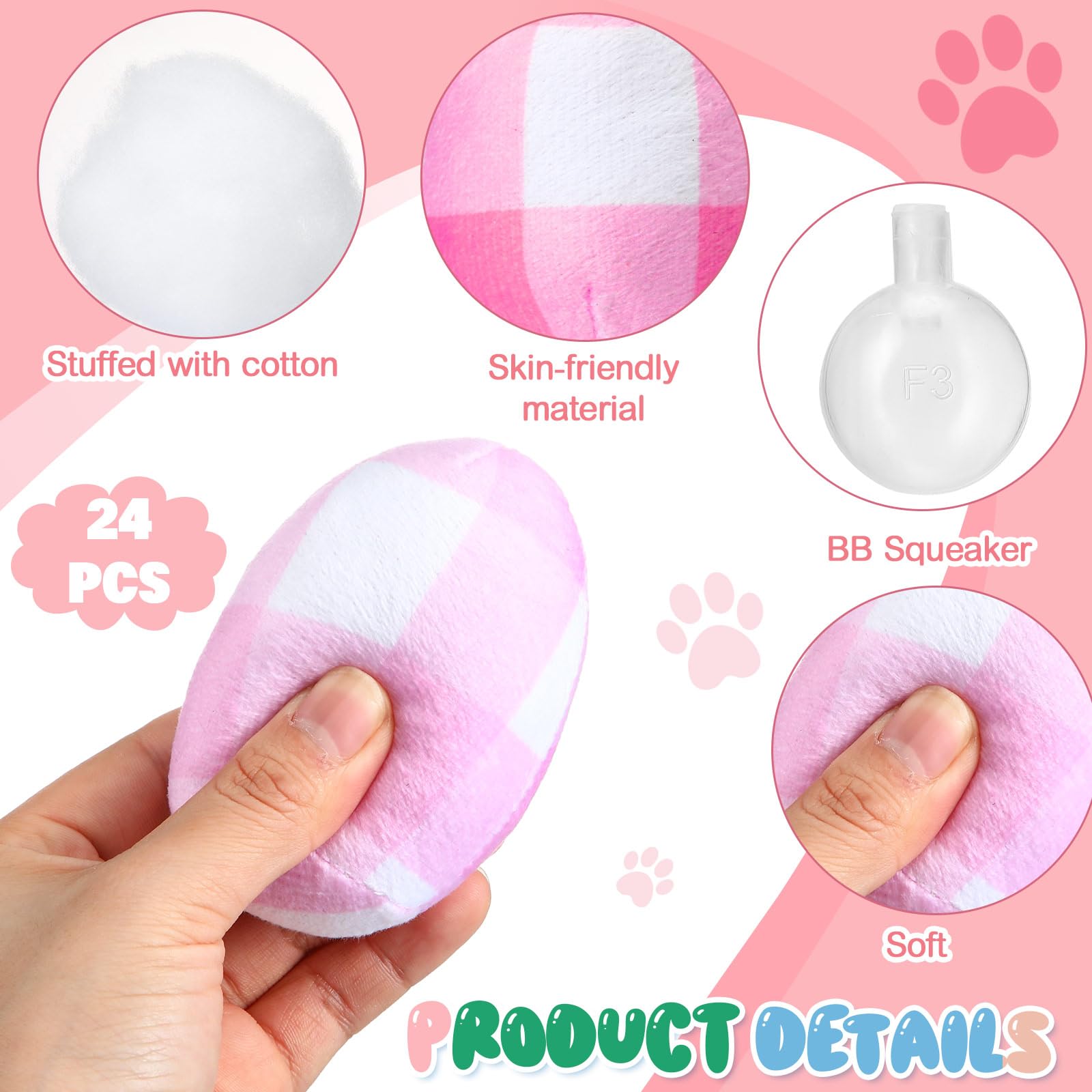 Leyndo 24Pcs Pastel Plaid Plush Easter Egg Toys For Medium & Small Dogs, Cotton Squeaky Dog Teething Toy, Pet Costume, Ifs2263-2