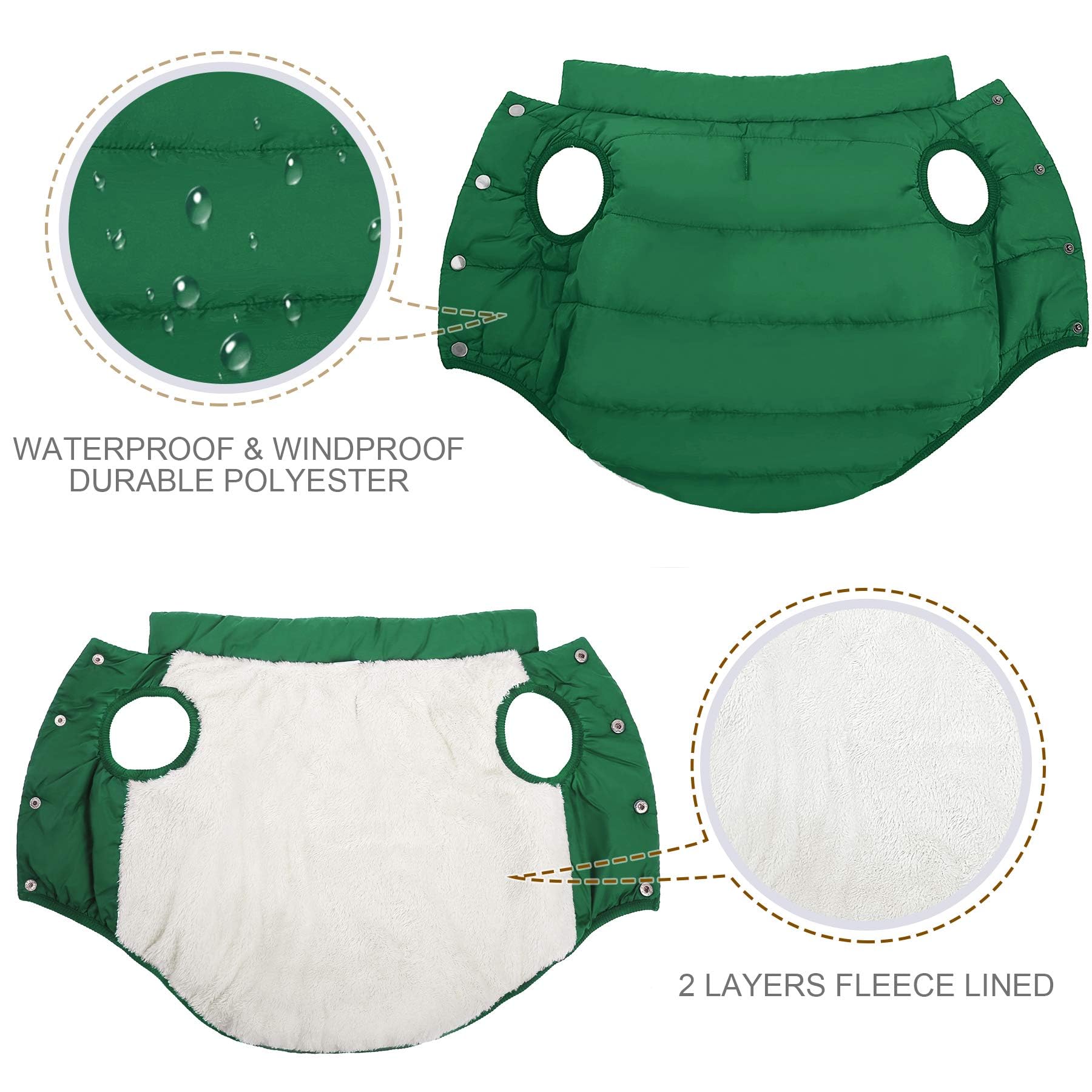 Asenku Windproof Dog Winter Coat - Waterproof Jacket With 2 Layers Fleece Lined For Small To Large Dogs (S, Green)