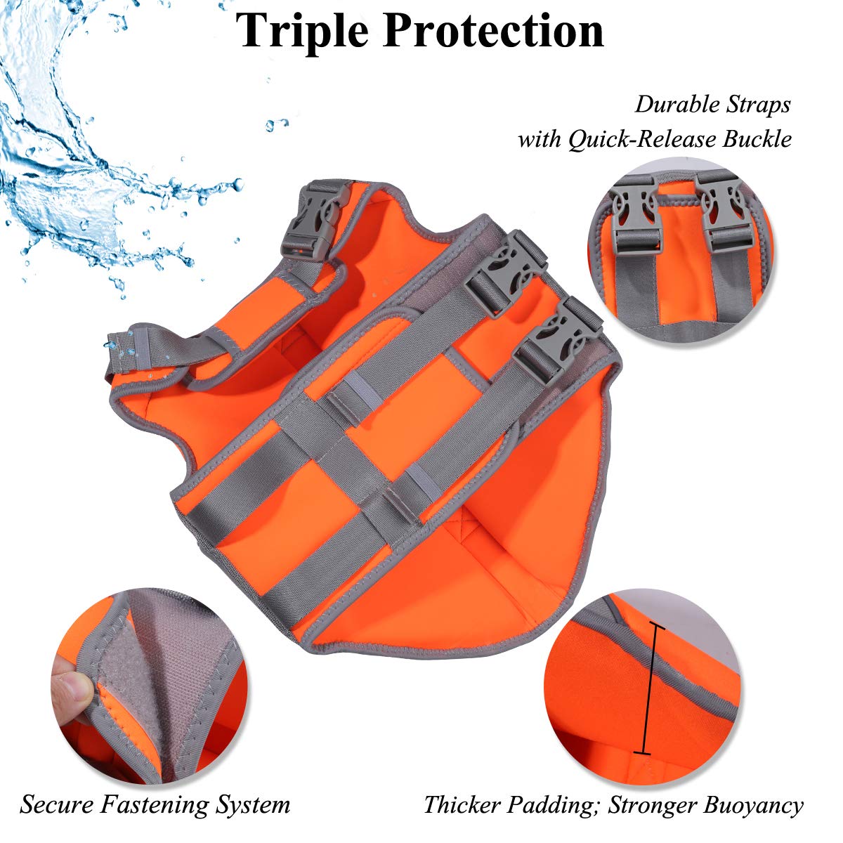 Vivaglory Neoprene Dog Life Jacket Dog Swim Vest For Boating Hunting & Swimming, Lightweight With Leash Ring, L, Orange