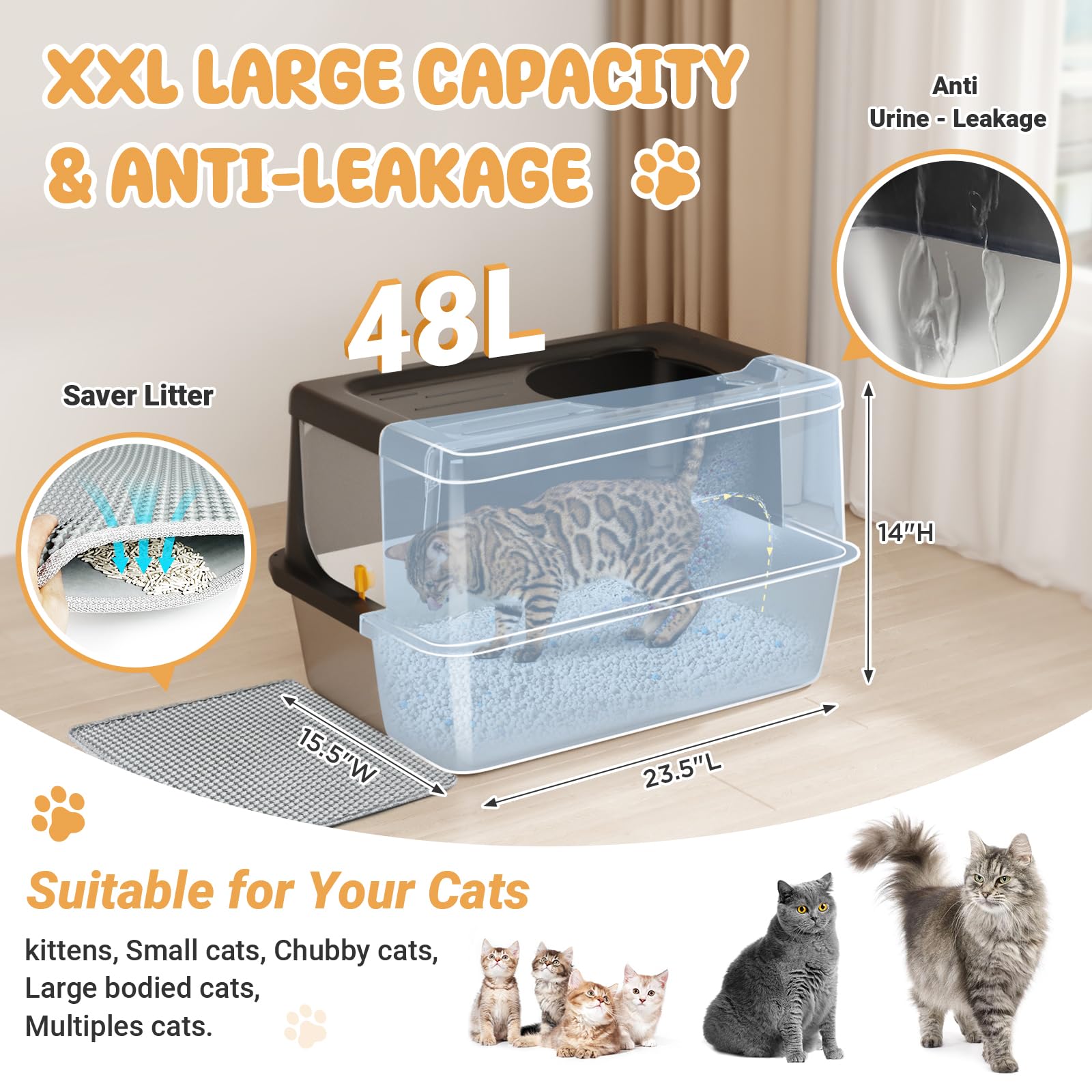 Stainless Steel Litter Box With Lid, Extra Large Cat Box With High Sides, Kitty Litter Pan Enclosure, Top Entry Cat Litter Box E
