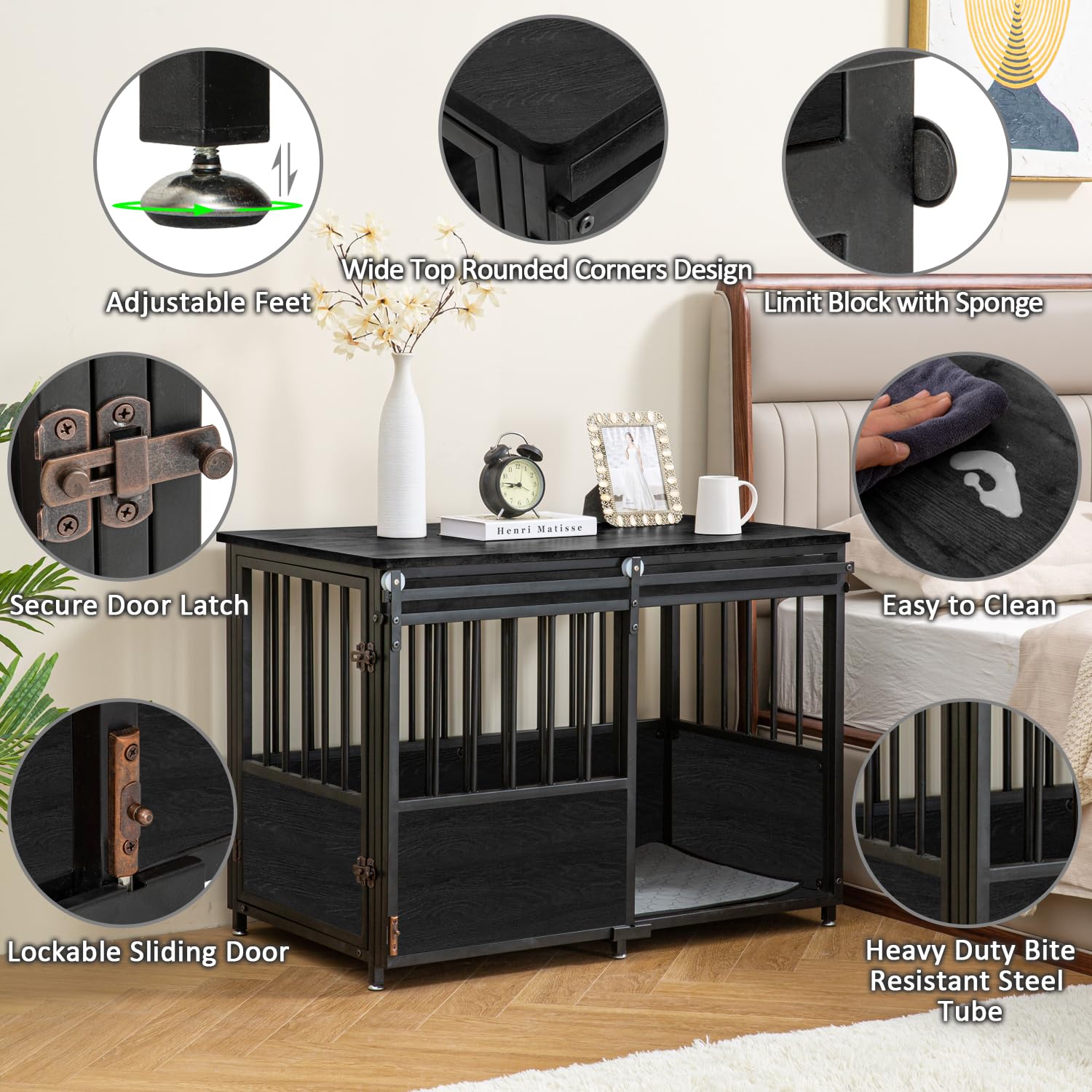 KOOPRO 40" Wooden Dog Crate Furniture, Black, Heavy Duty with Double Doors, Indoor Decorative Pet House, Model KO241101-BK00-01