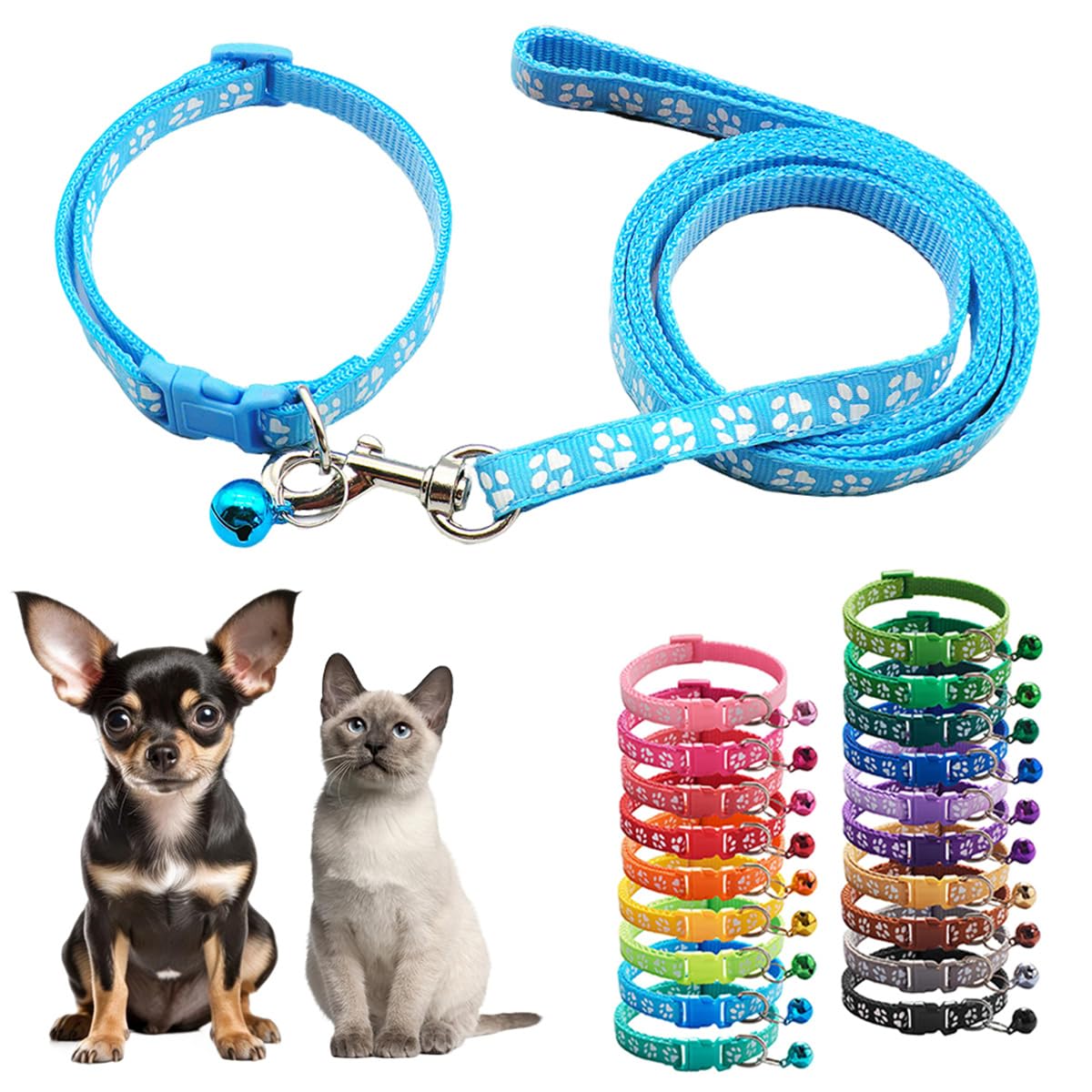Dog Collar And Leash Set With Bell,Blue Nylon Paw Cat Collar Girl Female Cute Fancy Puppy Collar With Bells For Xxs Xs Tiny Litt
