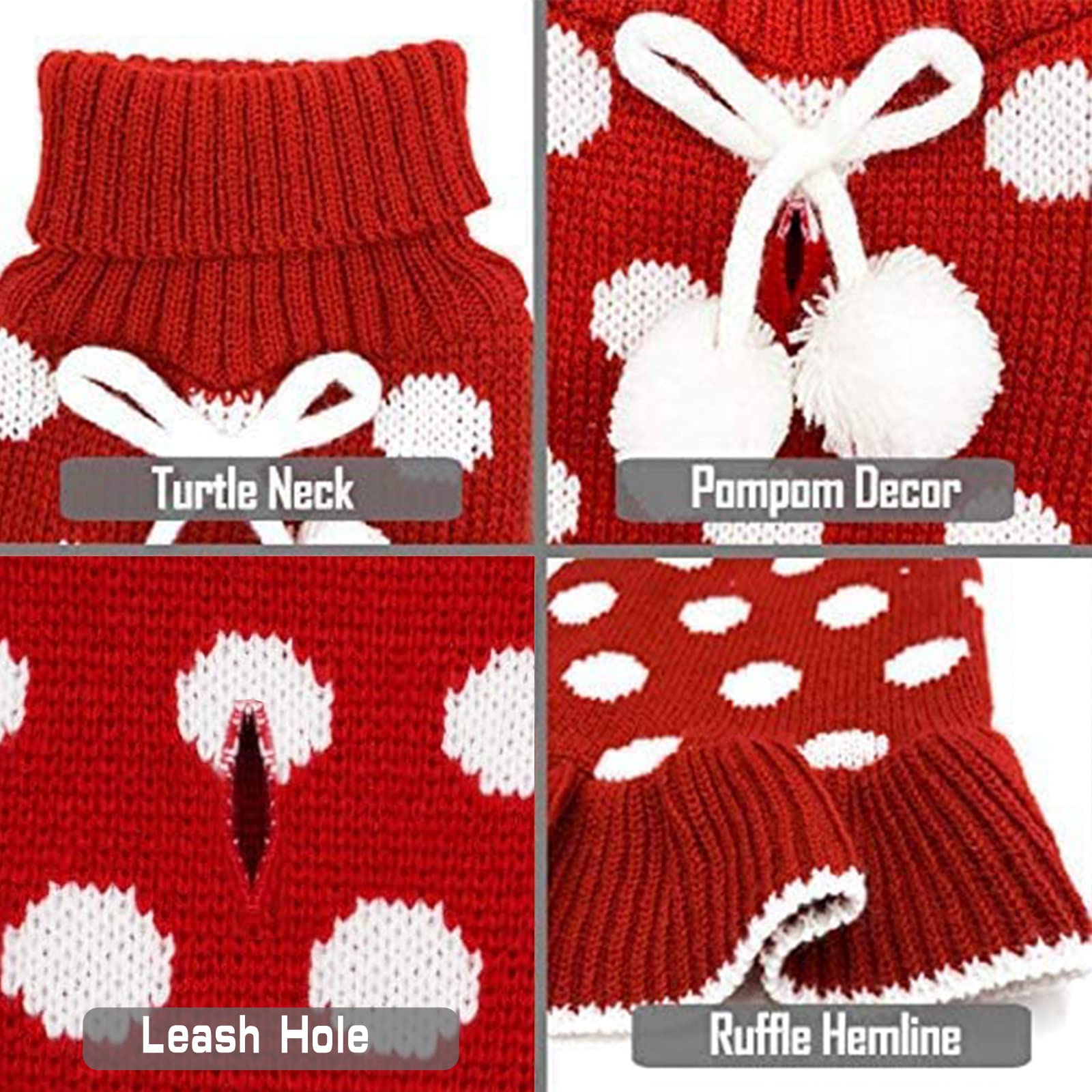 Kyeese Christmas Dog Sweater Dress With Leash Hole Polka Dot Turtleneck Dogs Sweaters Red Knit Pullover With Pom Pom Ball