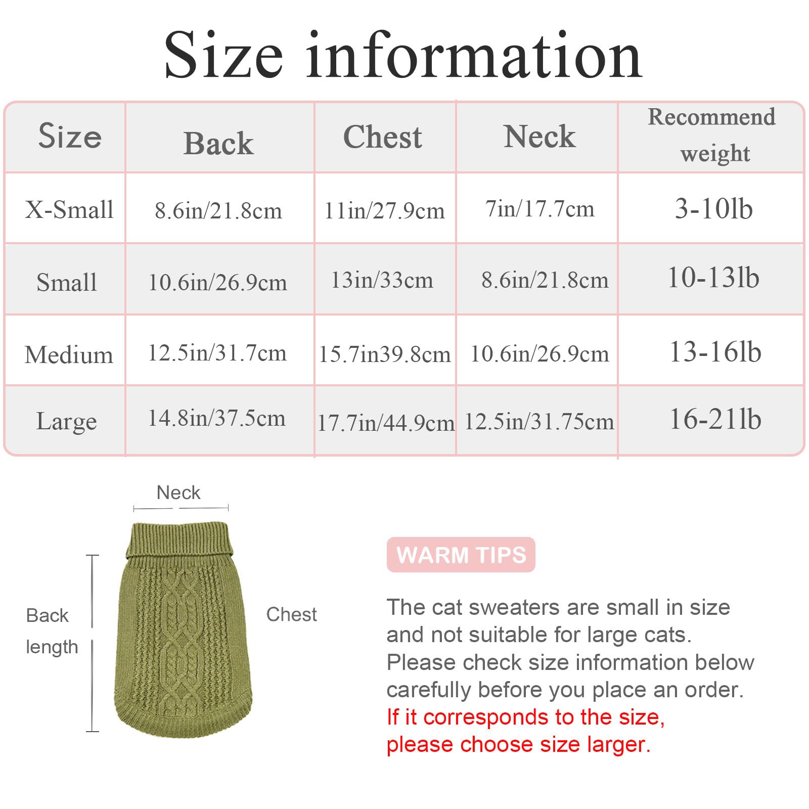Jnancun Cat Sweater Turtleneck Knitted Sleeveless Cat Clothes Warm Winter Kitten Clothes Outfits For Cats Or Small Dogs In Cold Season (Small, Olive Green)