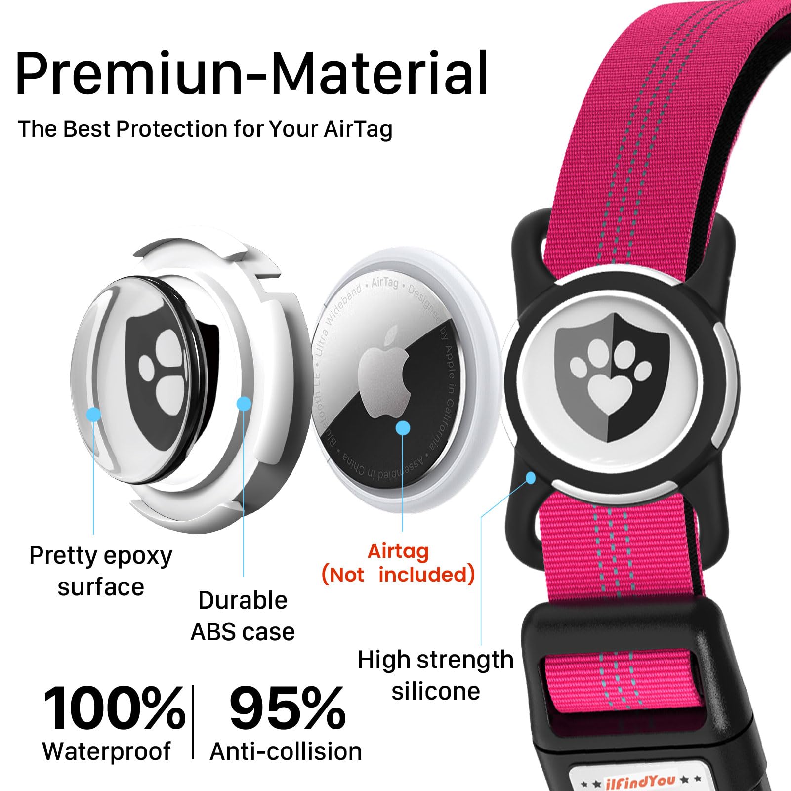 Ilfindyou Reflective Dog Collar With Airtag Holder For Medium Dogs Soft Nylon Rose Red Sized S