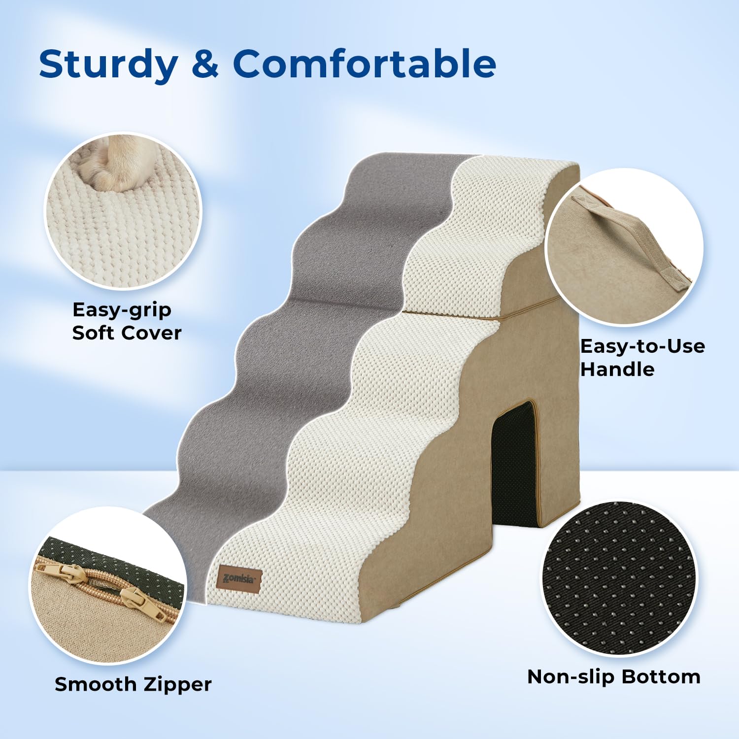 ZOMISIA Dog Steps for High Beds - 5 Step 23.8 Pet Stairs with Tunnel 2 in 1 with Zippers Suitable for Small Dogs and Cats, Indoo