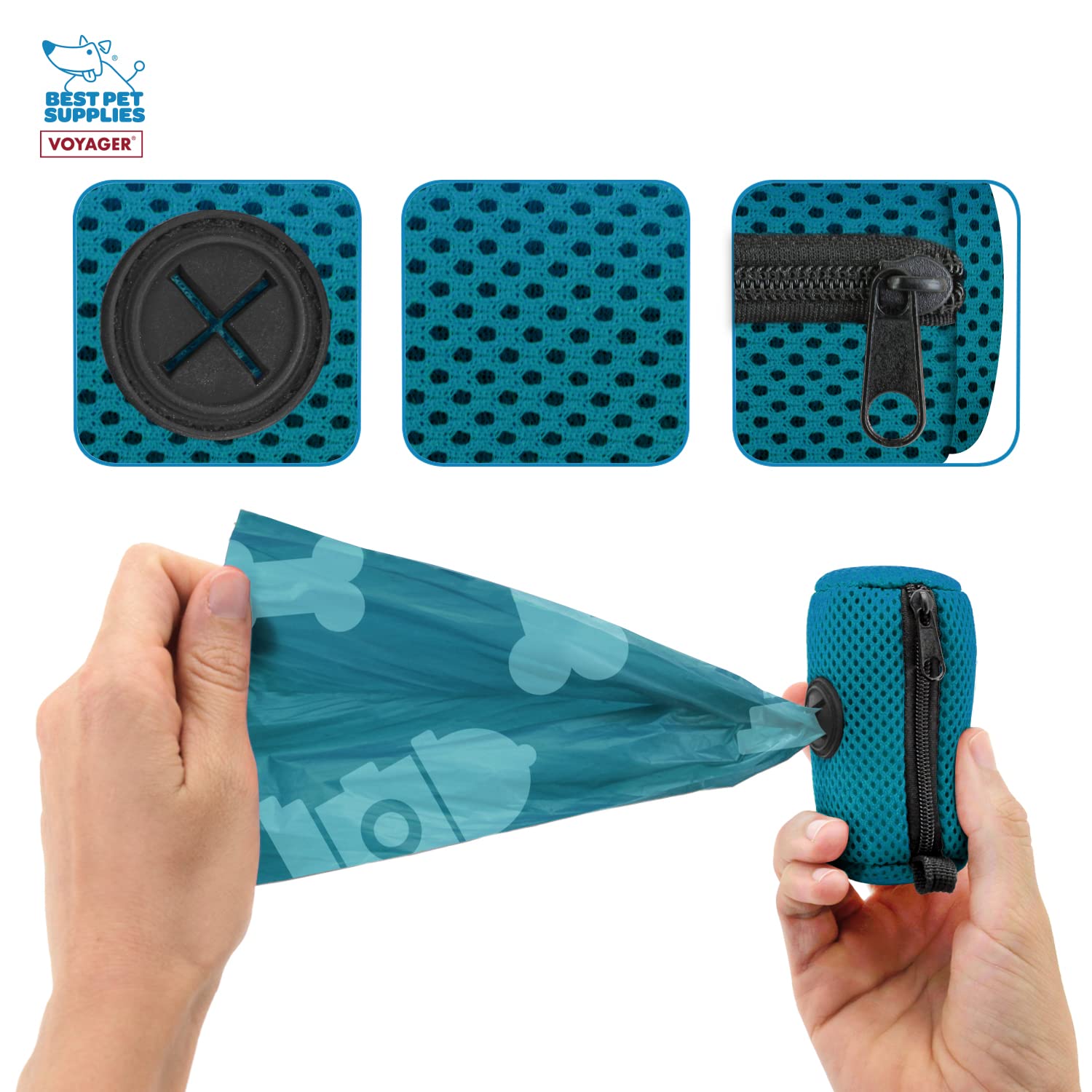 Best Pet Supplies Dog Poop Bag Holder Leash Attachment With 15 Bags, Turquoise, Reusable Mesh Dispenser Pouch For Travel, Walkin