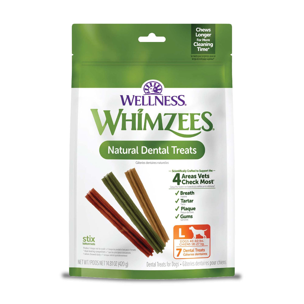 Whimzees Wellness Stix Dog Dental Treats, Natural Chews, Large Size Stick, (7 Count)