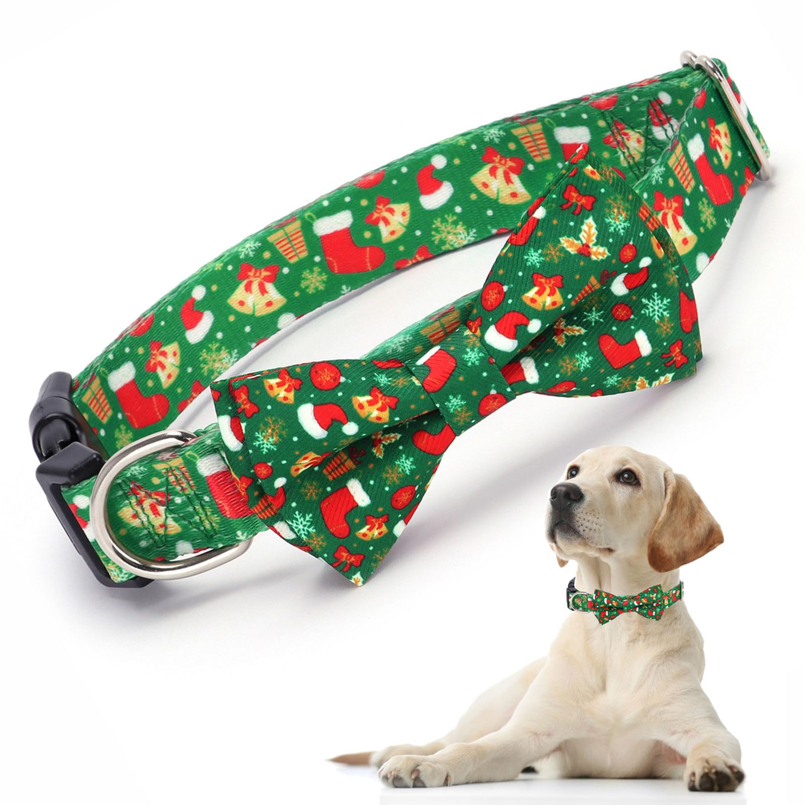 Green Medium Dog Christmas Collars with Bow, Cheistmas Xmas Puppy Collar Bowtie Quick Release Buckle Boy Holiday Dog Collars for