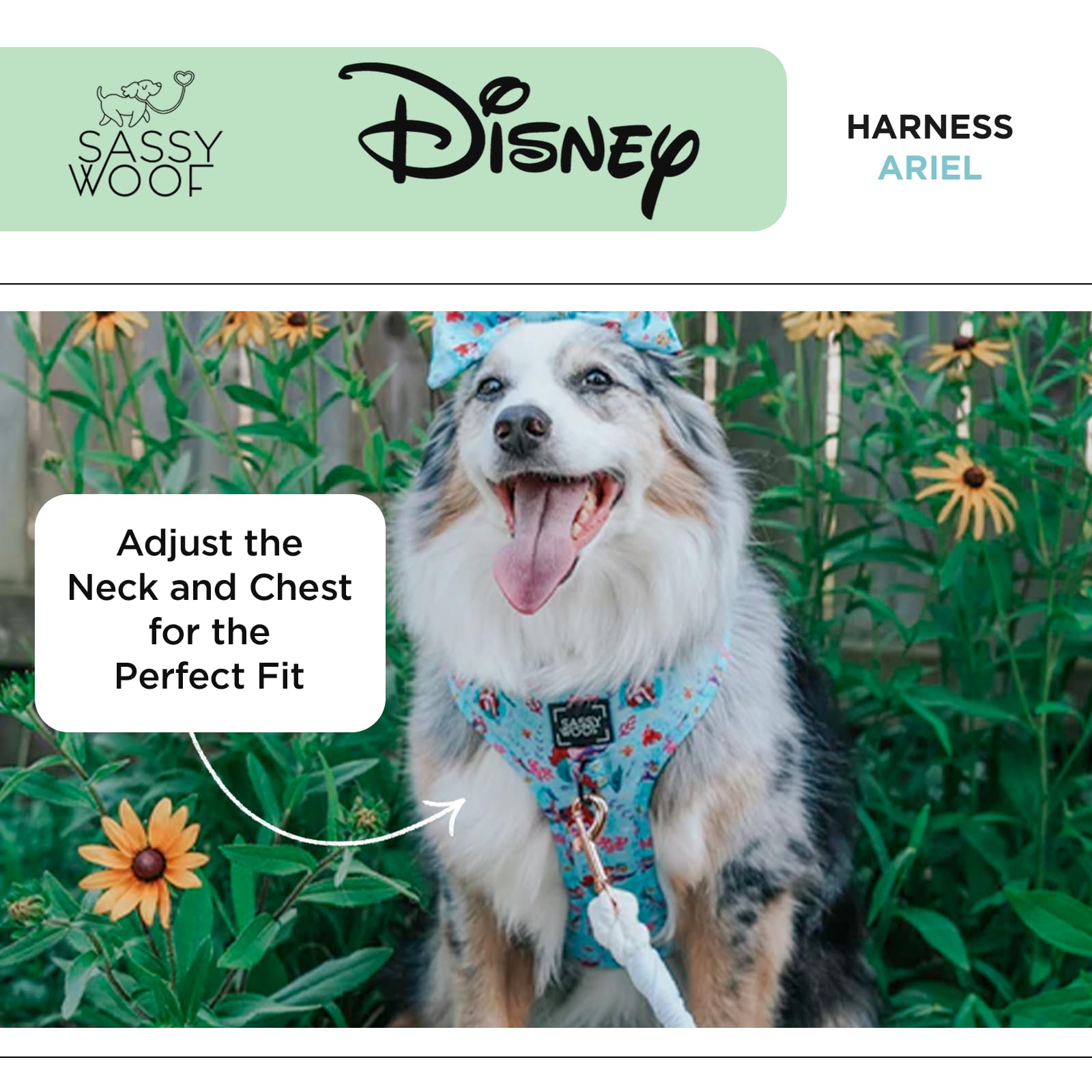 Sassy Woof Dog Adjustable Harness - Disney Princess Little Mermaid Ariel - M, Breathable Mesh, No Pull Design With Two D-Rings,