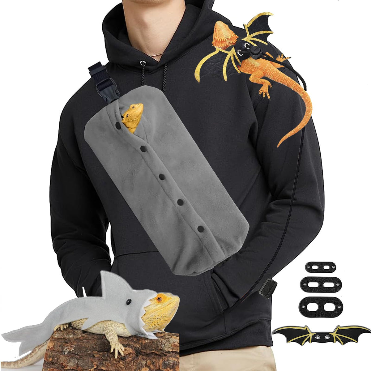 Bearded Dragon Carrier Set, Reptile Carrier Kit Includes Bearded Leash, Shark Costume, Bearded Dragon Harness Vest with Costume 