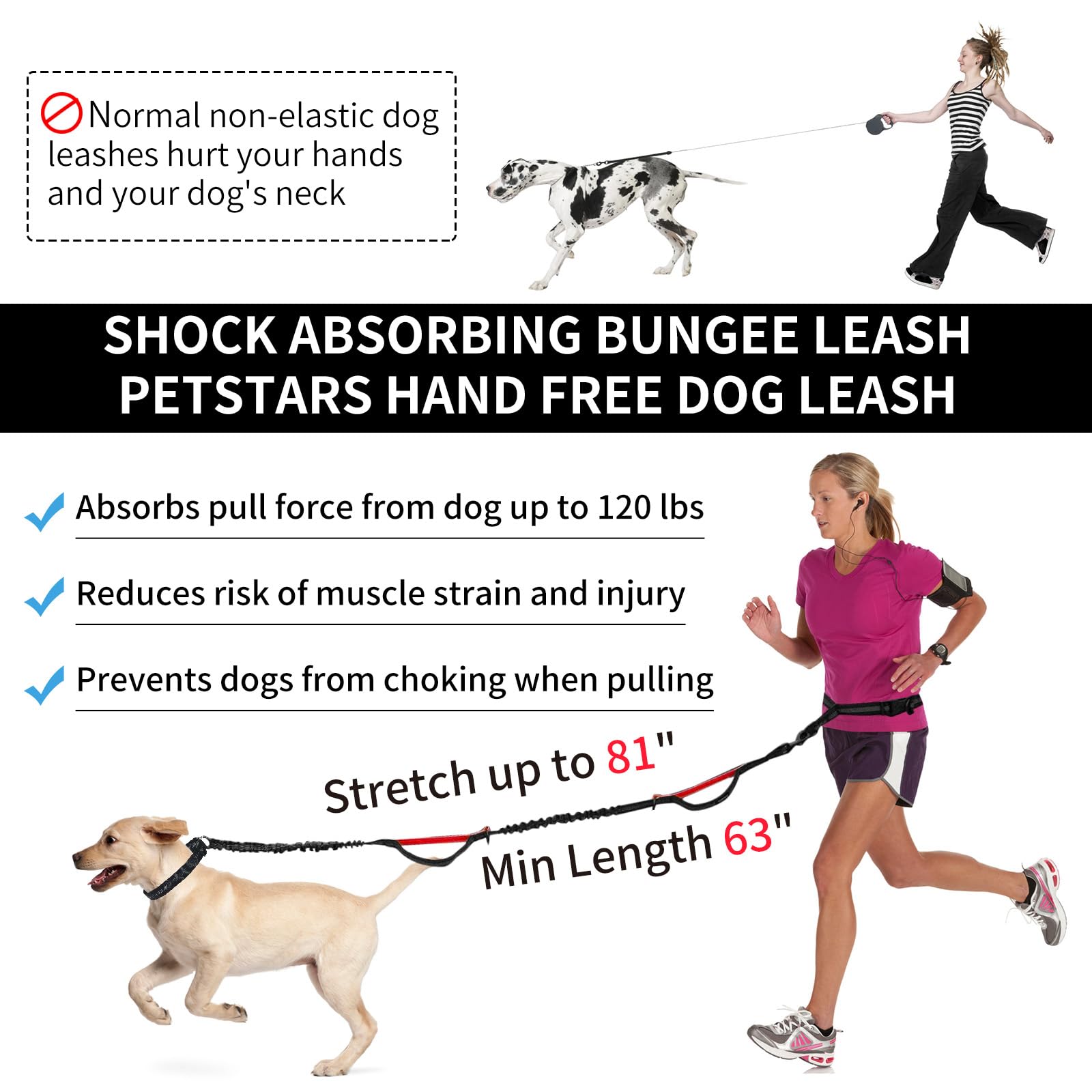 Petstars Hands Free Dog Leash With Zipper Pouch, Retractable Bungee Waist Leash With Dual Padded Handles & Waist Belt Fanny Pack