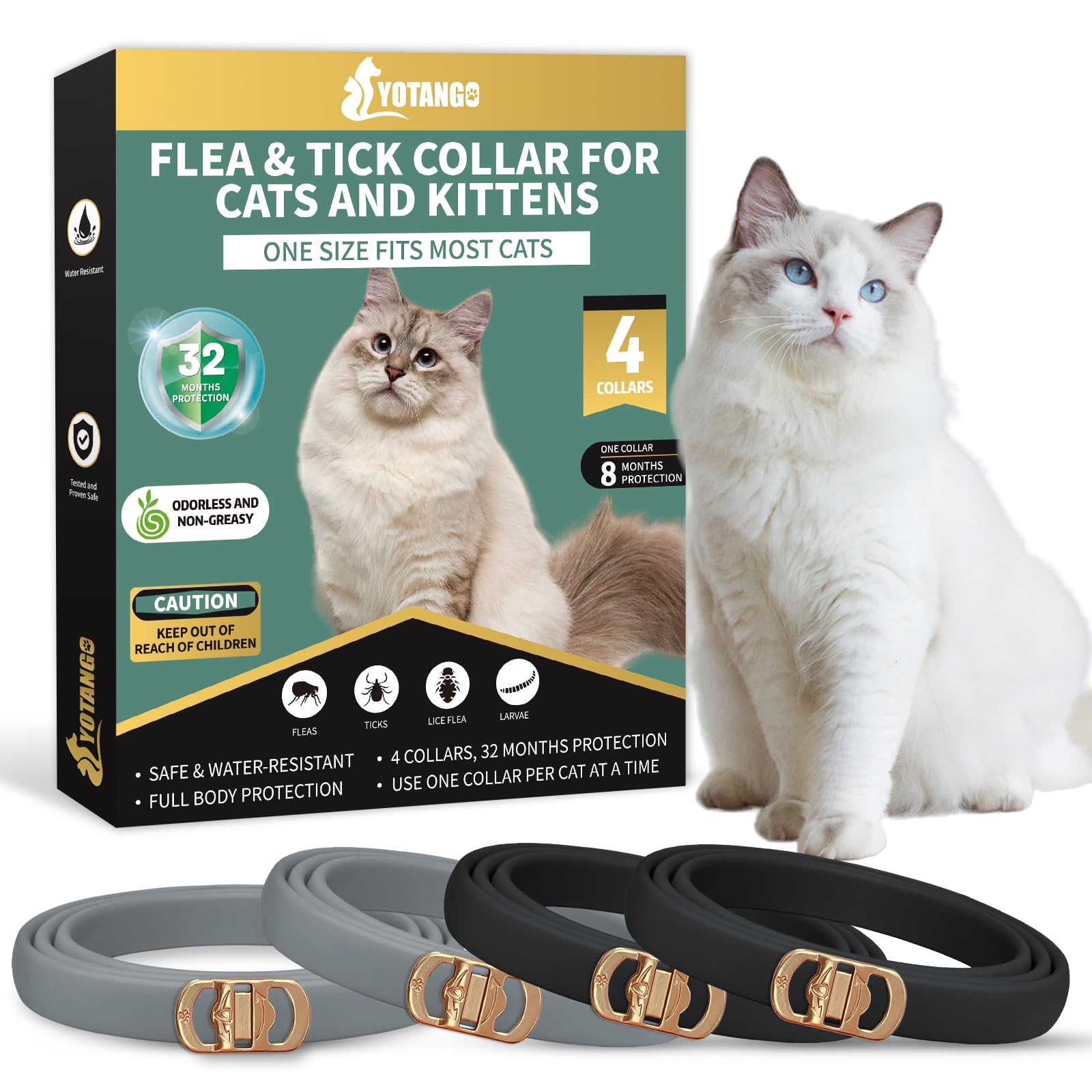 YOTANGO 4 Pack Flea Collar for Cats, 32 Months Flea and Tick Prevention for Cats, Waterproof Cat Flea Collar, Cat Flea and Tick 