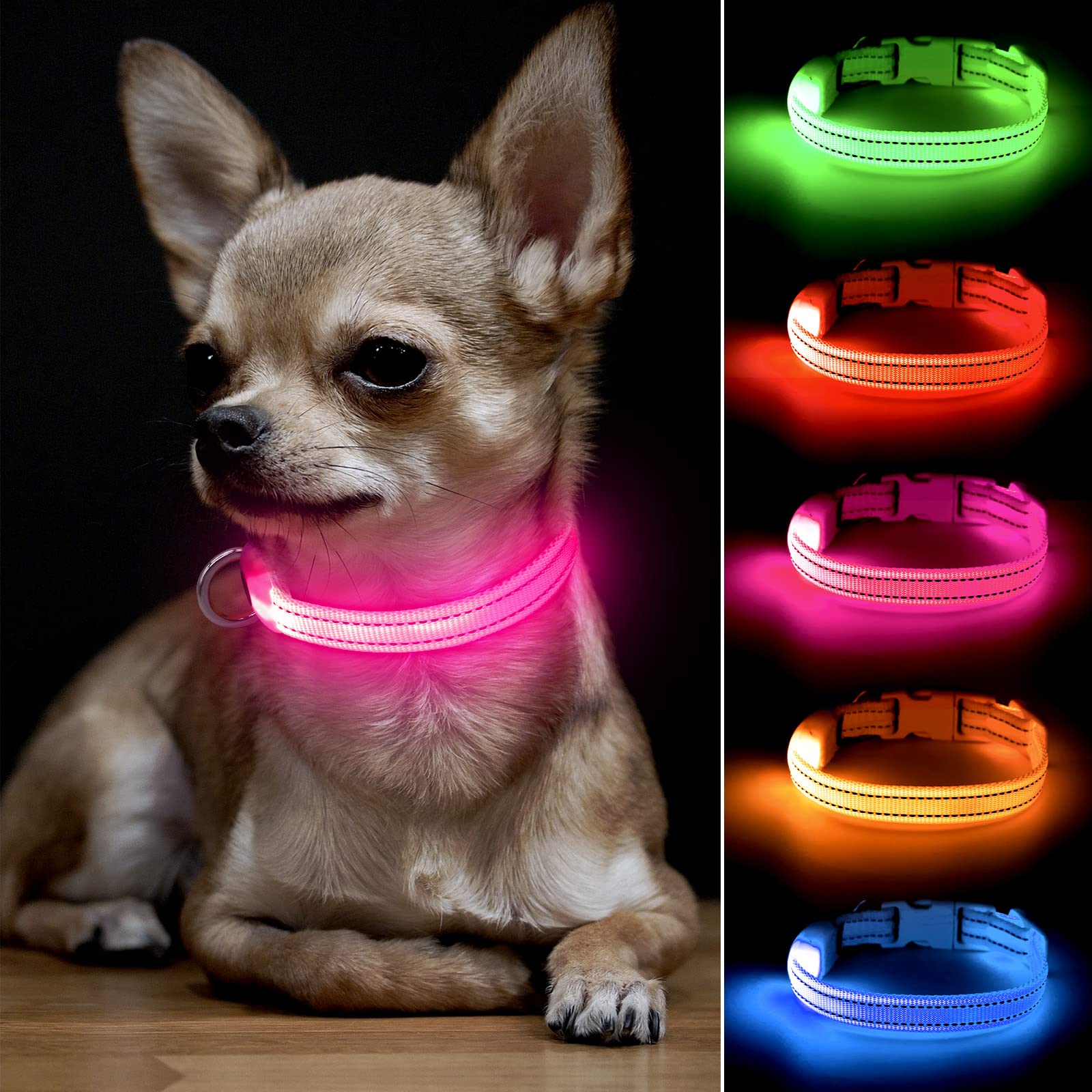 Bseen Led Dog Collar Light - Usb Rechargeable Glow In The Dark Puppy Collar, Light Up Dog Collars For Small Dogs, Safety Dog Lights For Night Walking (Pink, Xs)