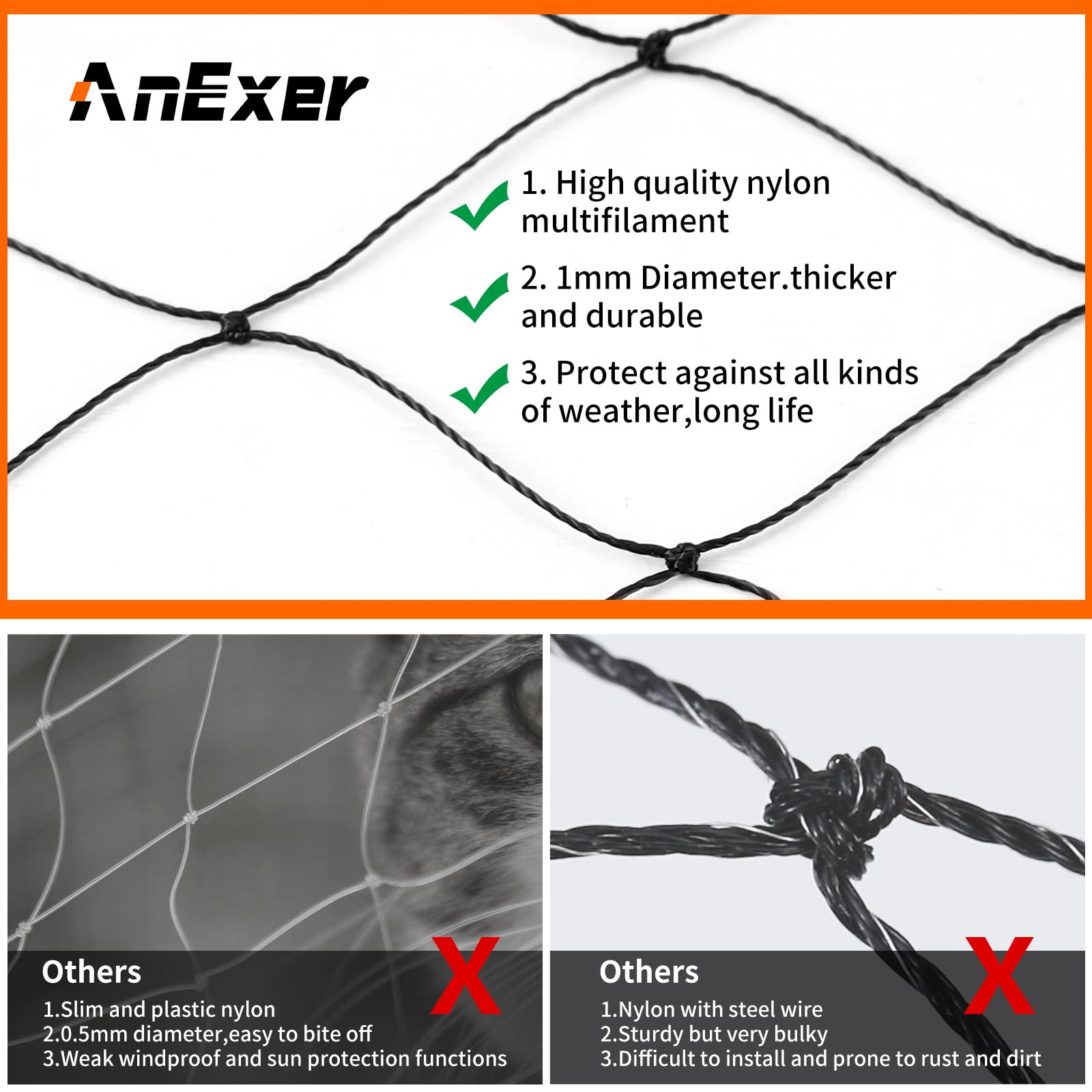 AnExer Cat Balcony Rail Net, 10 x 26 ft Cat Anti-Fall Netting Pet Balcony Mesh Fence Net Dog Fence Nets Black Nylon Pets Anti-Fa