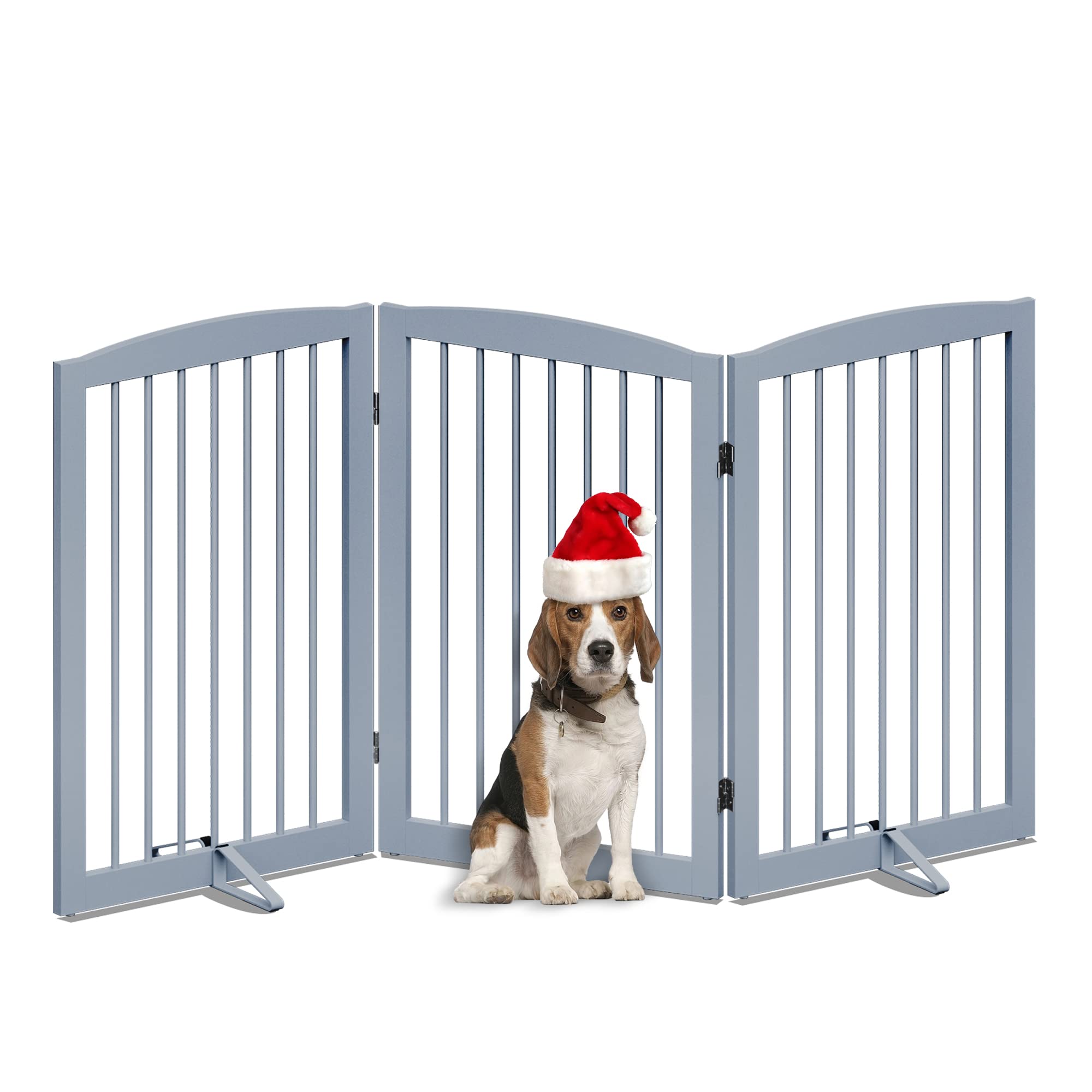 Pupetpo Freestanding Pet Gate For Dogs, Foldable Wooden Dog Gate For House Indoor, Tall Dog Gate For Stair, Doorway,Hall, Step Over Pet Puppy Safety Fence, 3 Panels 32' ,Grey