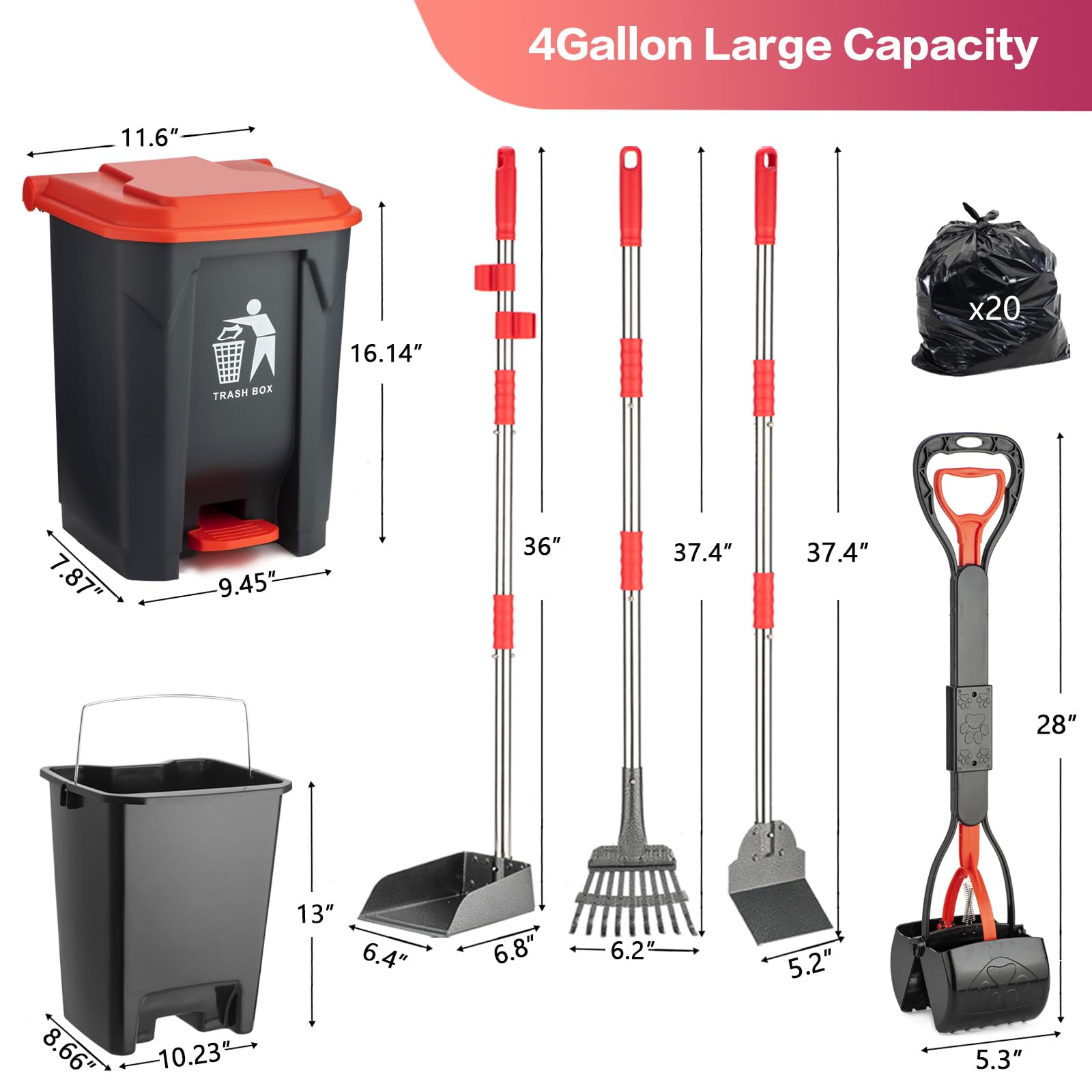 FUSBUNTY Pooper Scooper Set,Dog Poop Tray and Rake Set for Large & Small Dogs Dog Pooper Scooper 15 Litre Step Dog Poop Trash Ca