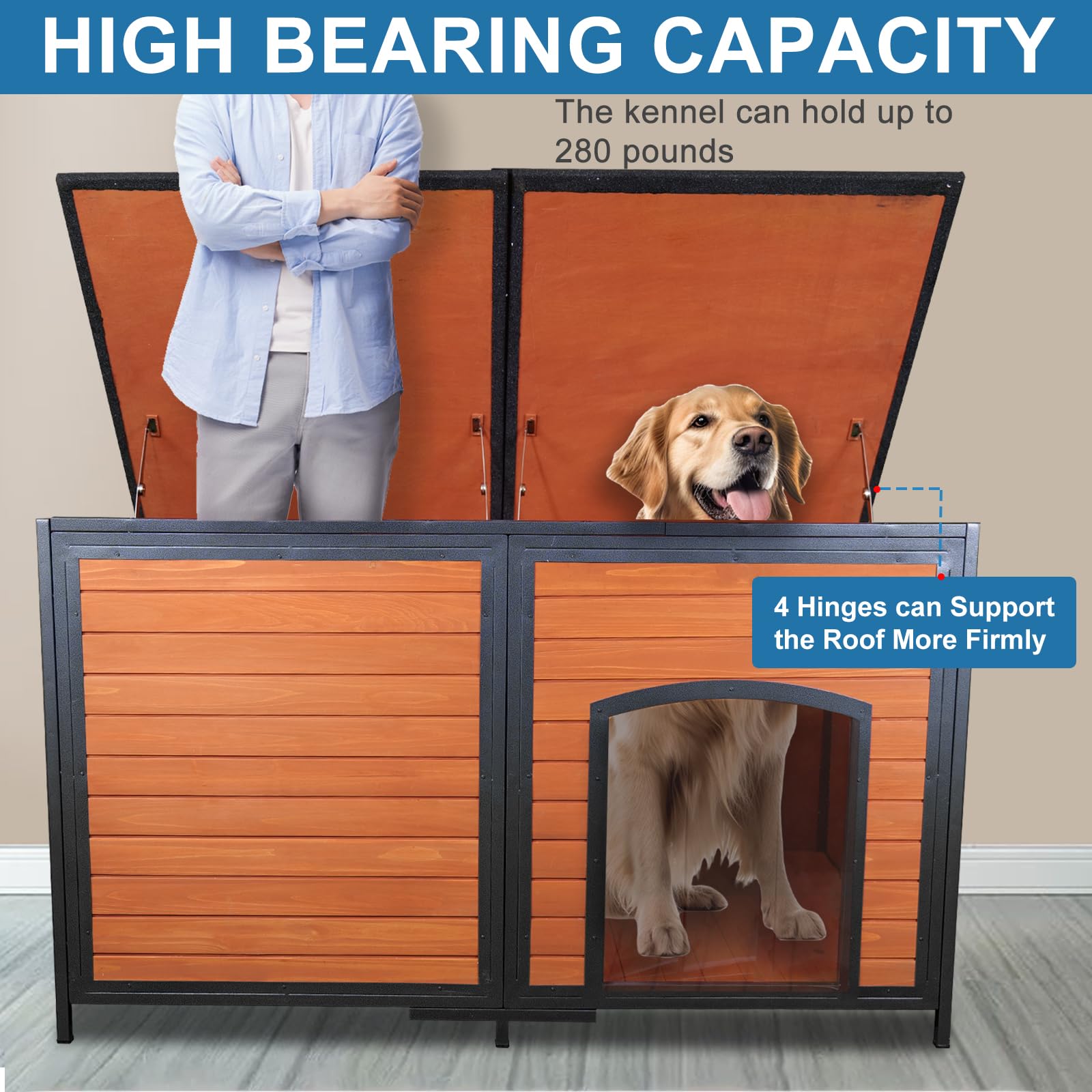 Funxplore Extra Large Dog House Outdoor Weatherproof 59.1'' Outside Wooden Dog Kennel, Chewproof Strong Iron Frame Window