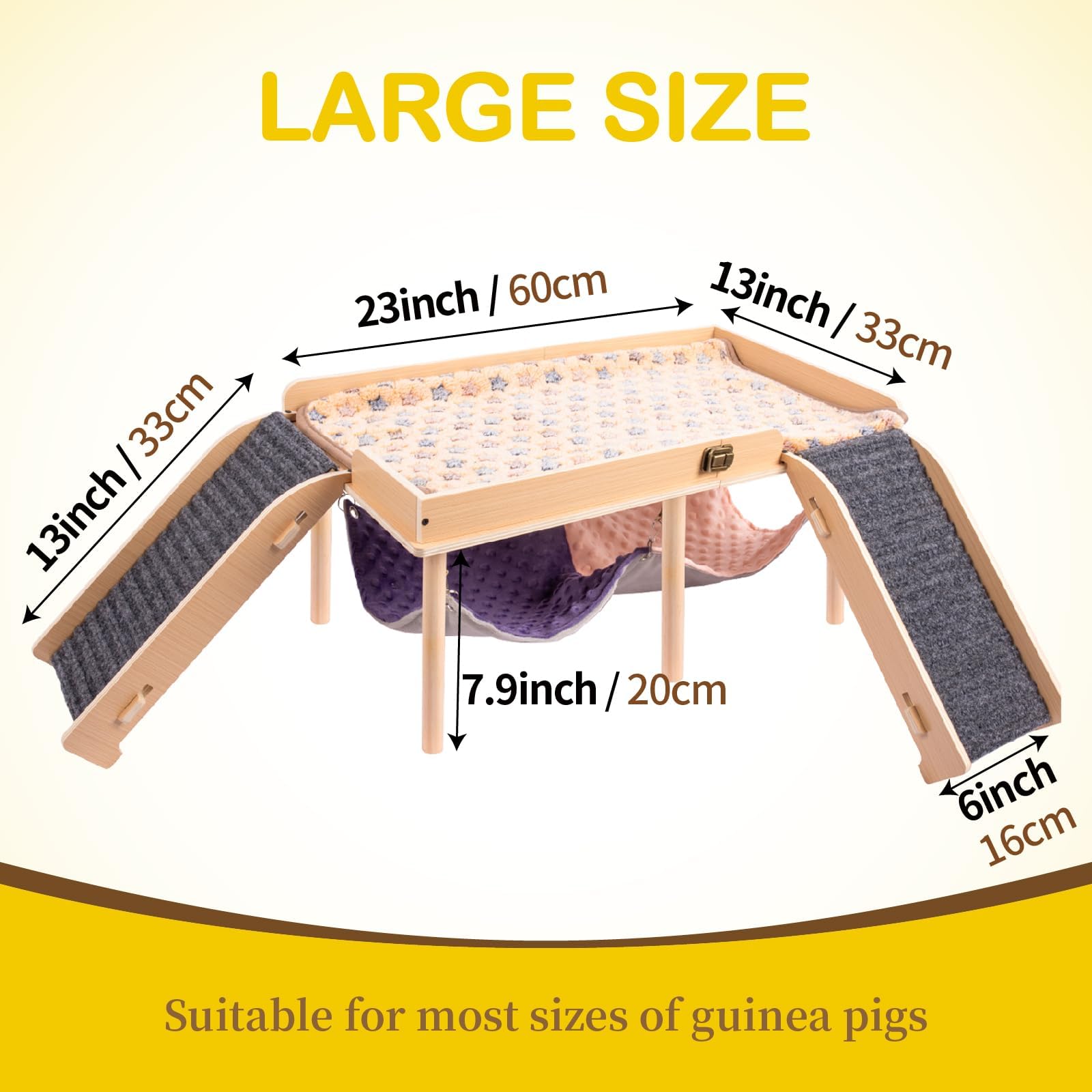 Besnew Enlarged Guinea Pig Hammock With Platform And Stairs,Wooden Foldable Piggies Hideout For Guinea Pigs Bunny Ferret Hamster
