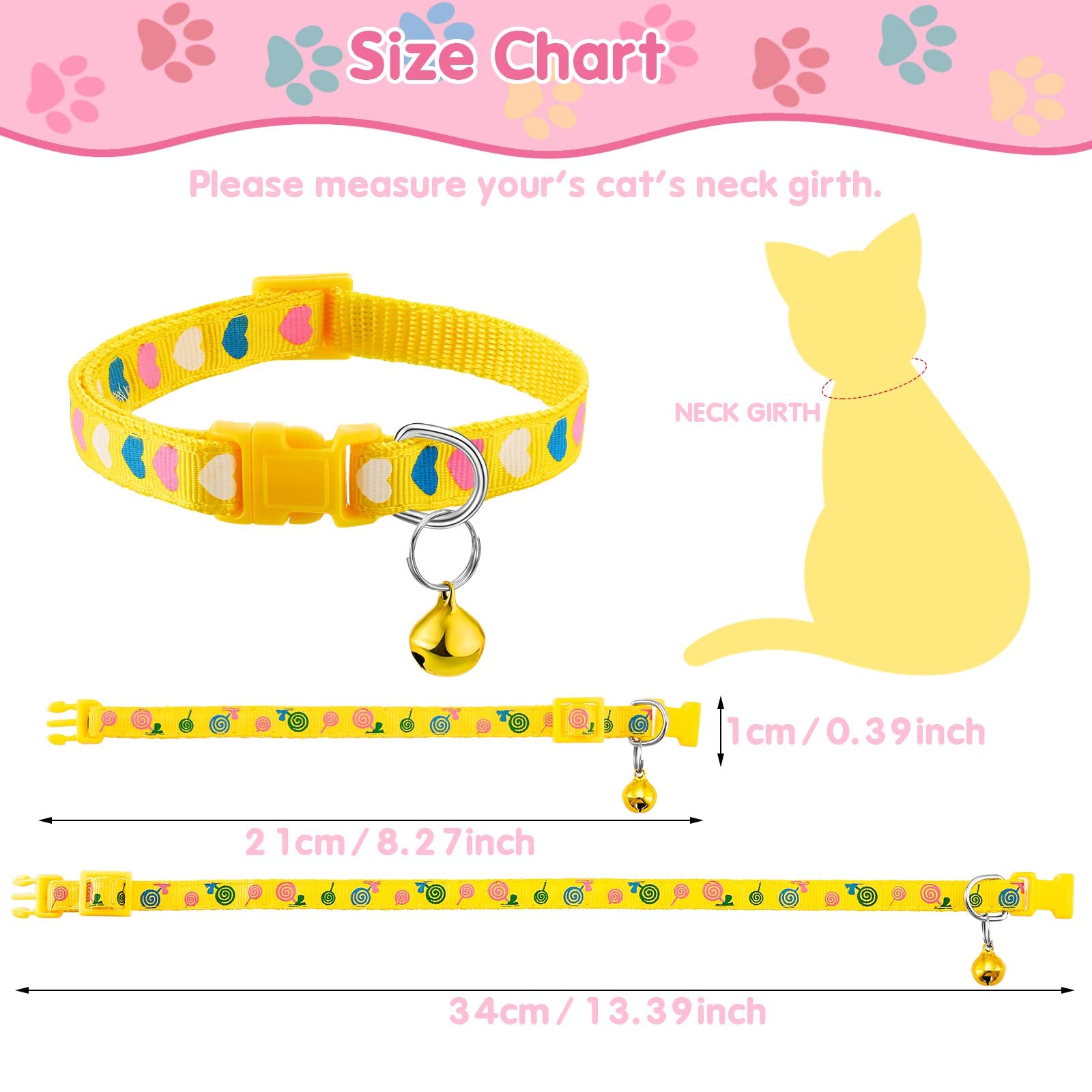 Frienda 6 Pieces Cat Collar with Bell Kitten Breakaway Collar Heart Pattern Adjustable Lollipop Spring Summer Design for Girl Bo