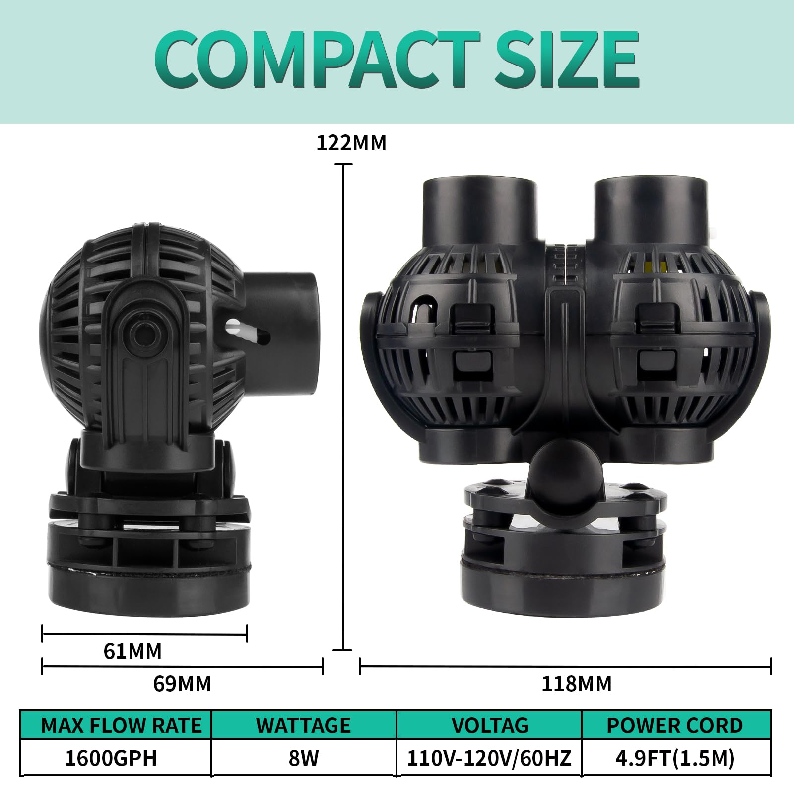 FREESEA Aquarium Circulation Pump Wave Maker Power Head with Magnetic Mount Suction (1600 GPH, Black)