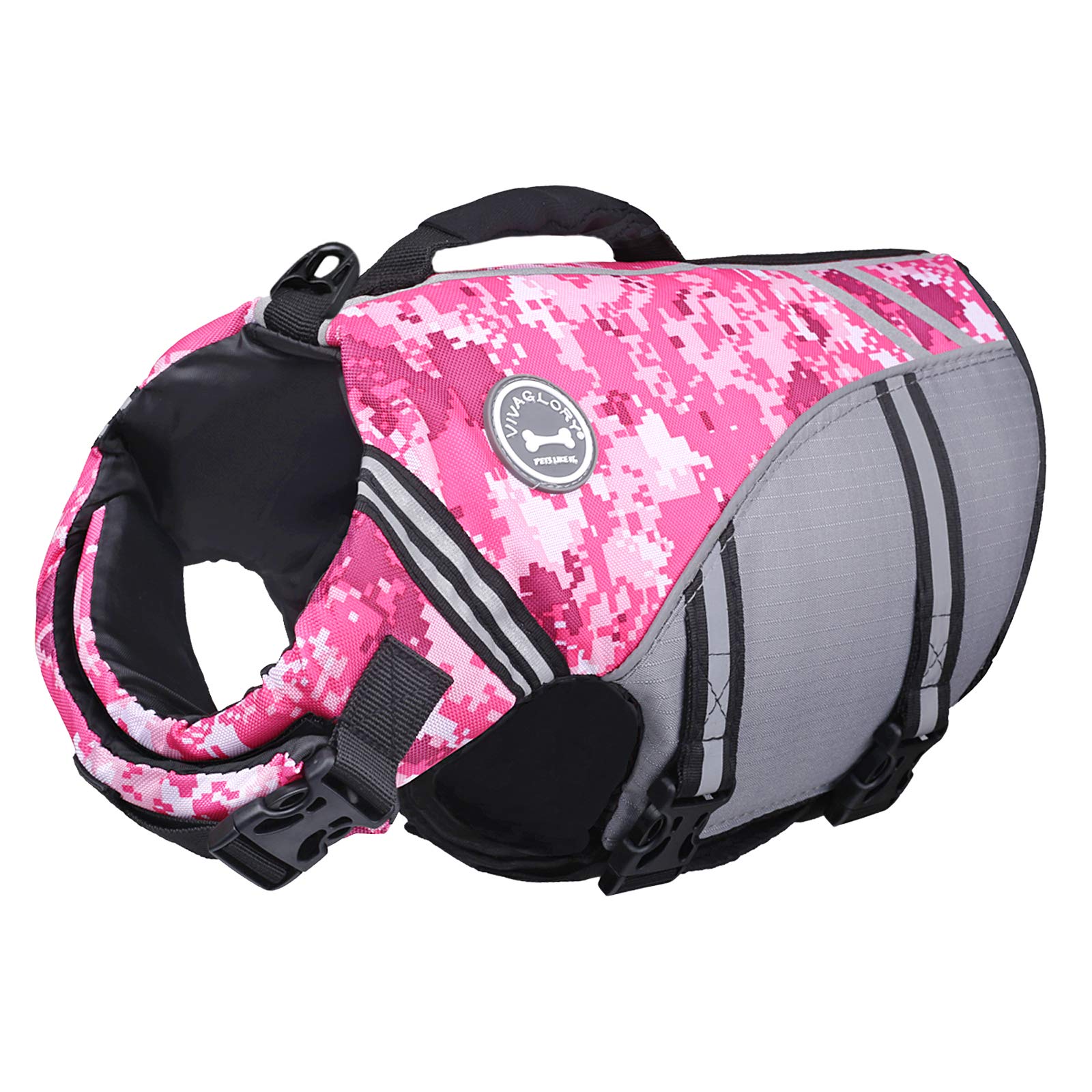 Vivaglory Sports Style Dog Life Jacket With Adjustable & Durable, Extra Flotation Swim Life Vest With Secure Fastening System For Large Dogs, Camo Pink