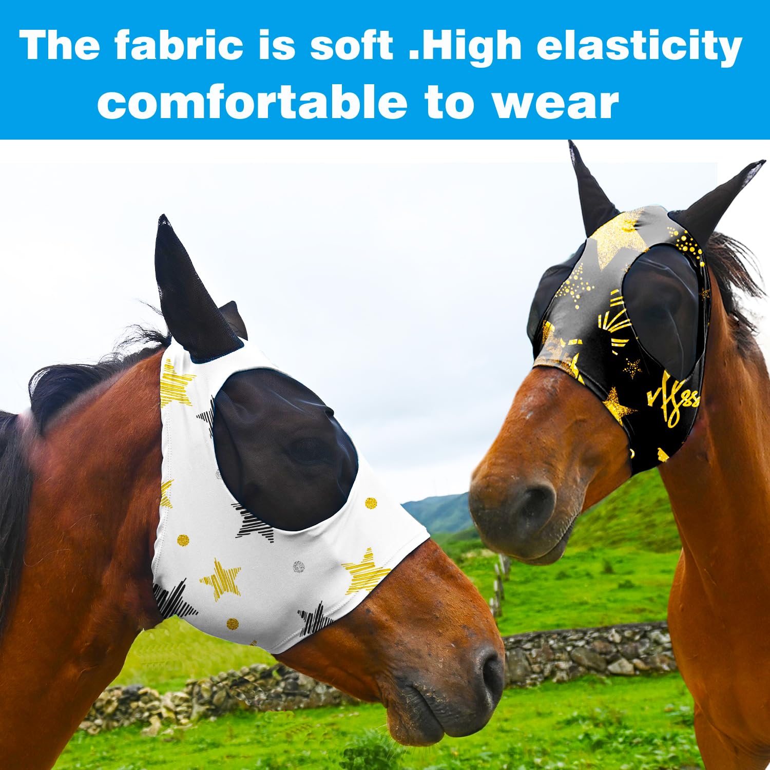 Super Comfort Fly Marsks for Horses of 4pcs Set-Horse FlyMask with Ears- Elasticity Fly Mask with UV Protection(Size:L