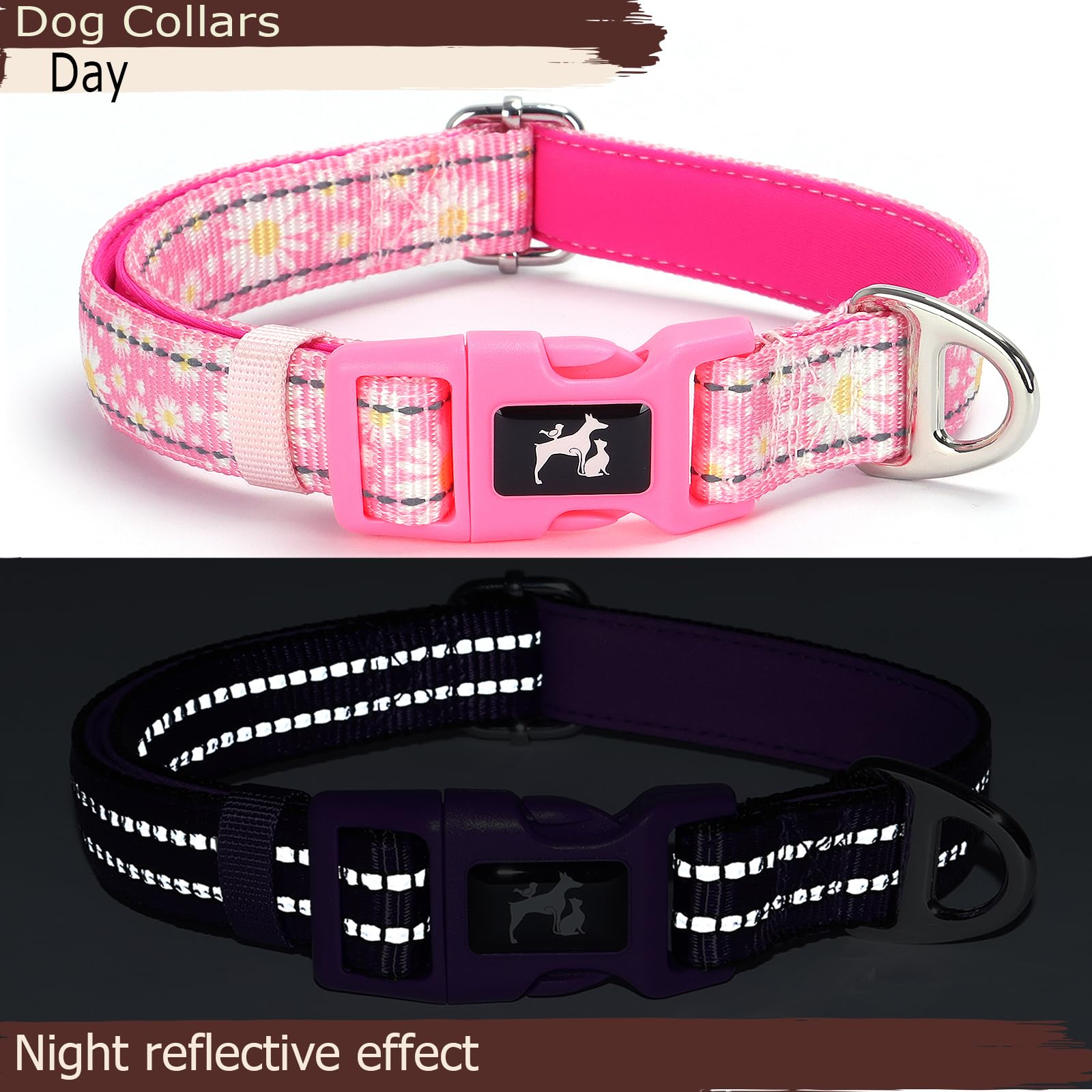 Maowuwujoz Reflective Dog Collar For Medium Dogs - Soft Neoprene Padded, Adjustable Nylon Durable With Stylish Pink Daisy Design